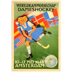Original Vintage Sport Poster Dameshockey Womens Hockey World Championship 1948