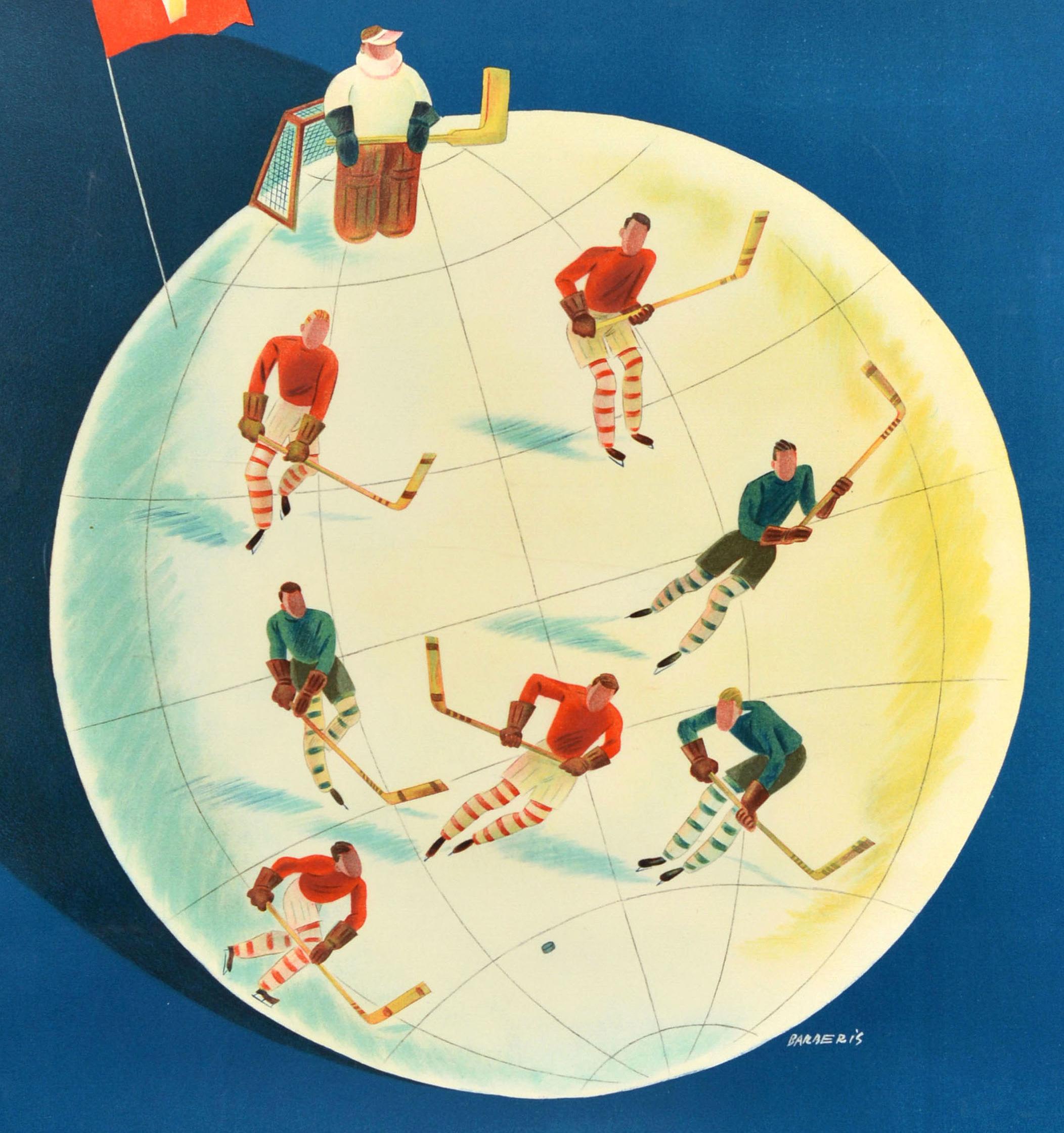 Original vintage sport poster for the Dolder Eisbahn Zurich ice skating rink open daily from 9-22:30 featuring a great design by the Swiss artist Franco Barberis (1905-1992) depicting ice hockey players on a globe of the world as the ice rink with a