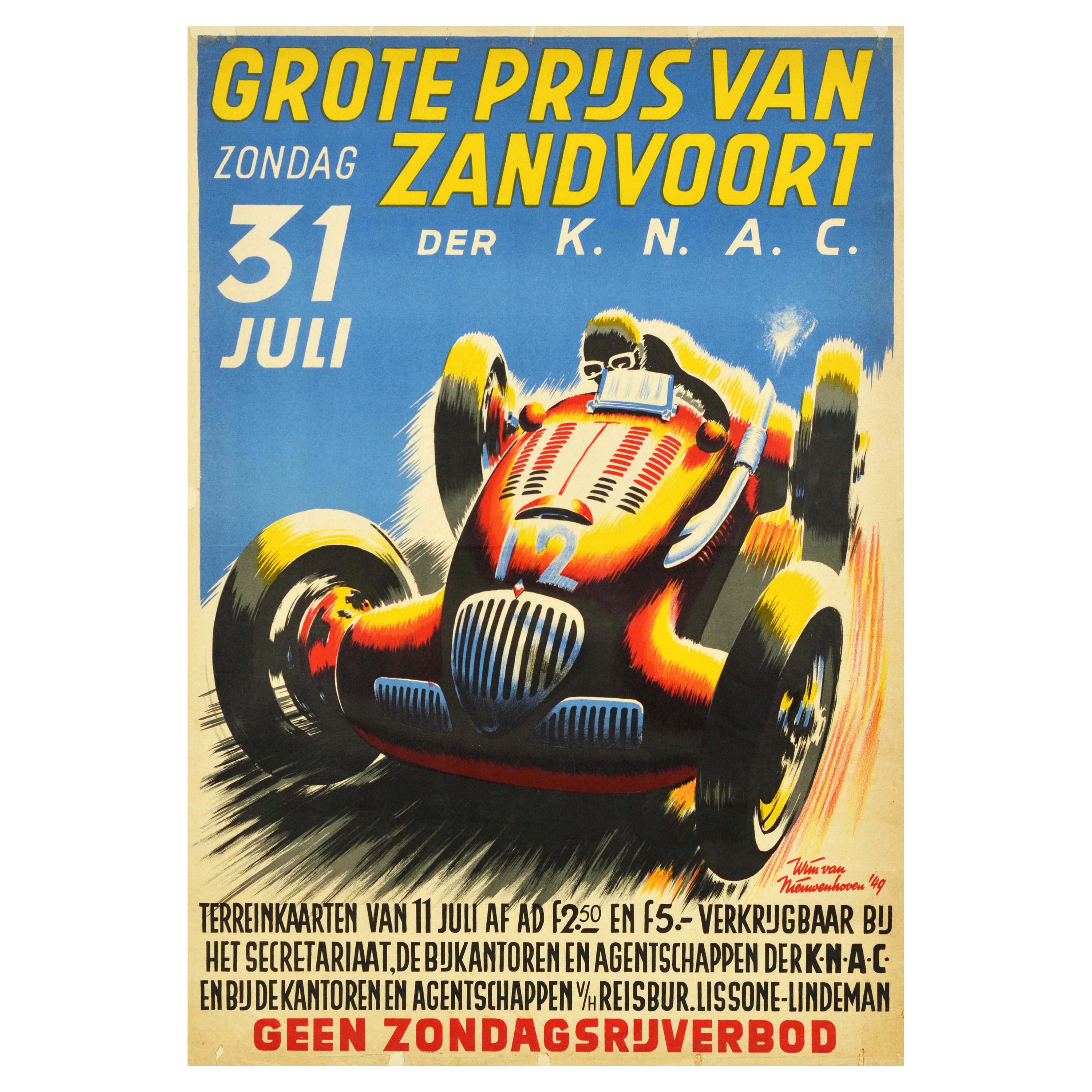 Original Vintage Sport Poster Dutch Grand Prix Zandvoort Formula One Car Race