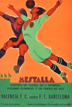 Original Vintage Sport Poster Football Spain Valencia Barcelona Art Deco