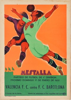 Original Vintage Sport Poster Football Spain Valencia Barcelona Art Deco