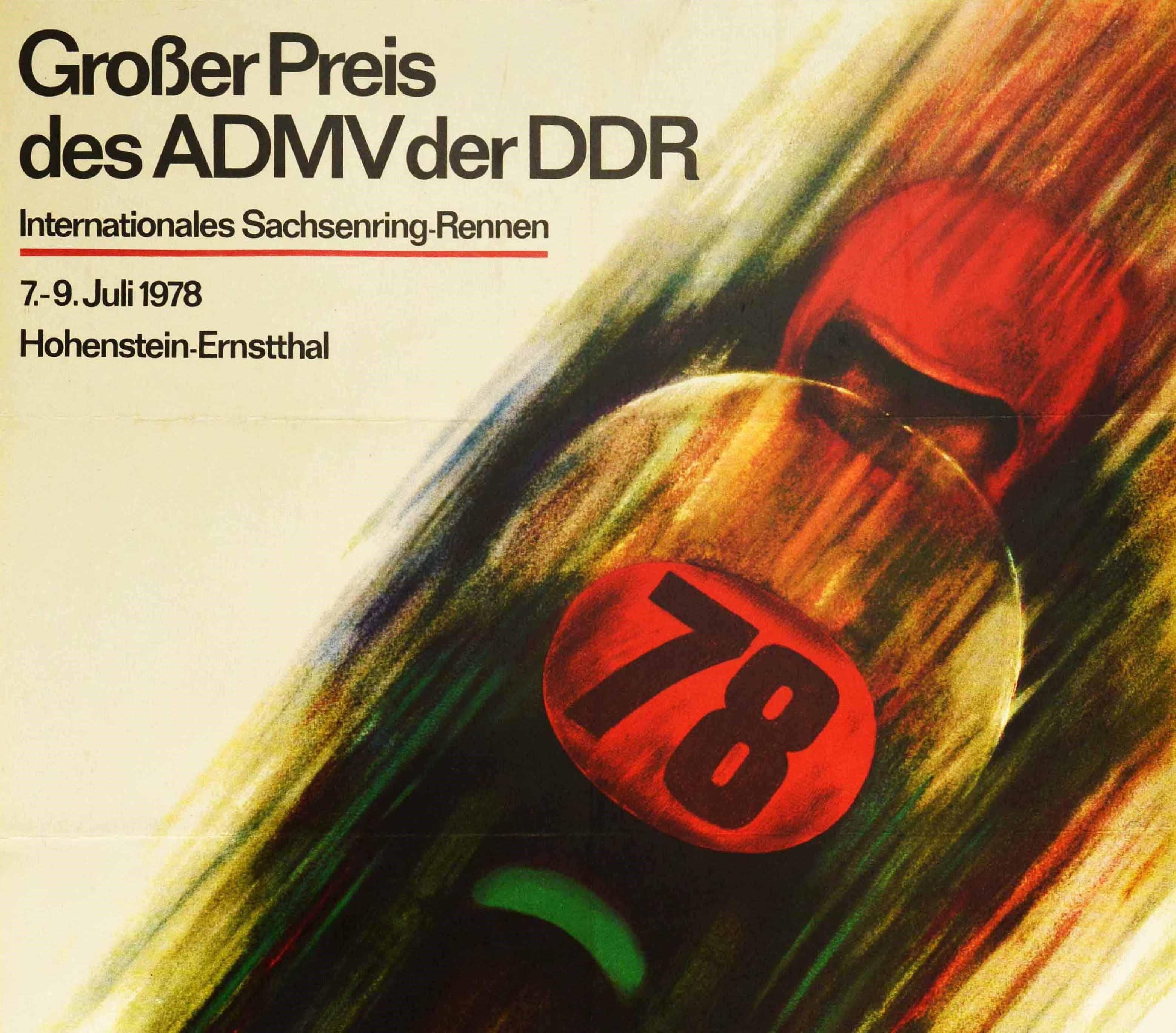 Original vintage sport poster advertising the ADM Grand Prix Race of the German Democratic Republic held at the Hohenstein-Ernstthal Sachsenring motorsport racing circuit on 7-9 July 1978 featuring a great illustration of a speeding motorcycle