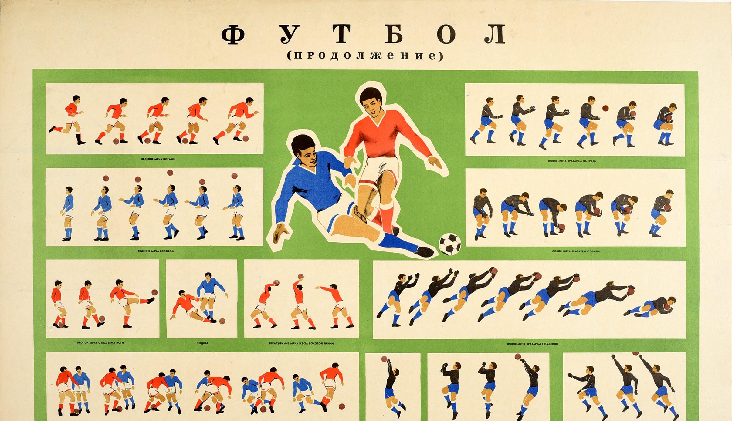 Original vintage Soviet instructional sport poster showing the positions, moves and game play of Football / ?????? (???????????) in images depicting a player in each box performing various actions such as how to run with the ball and catch it,
