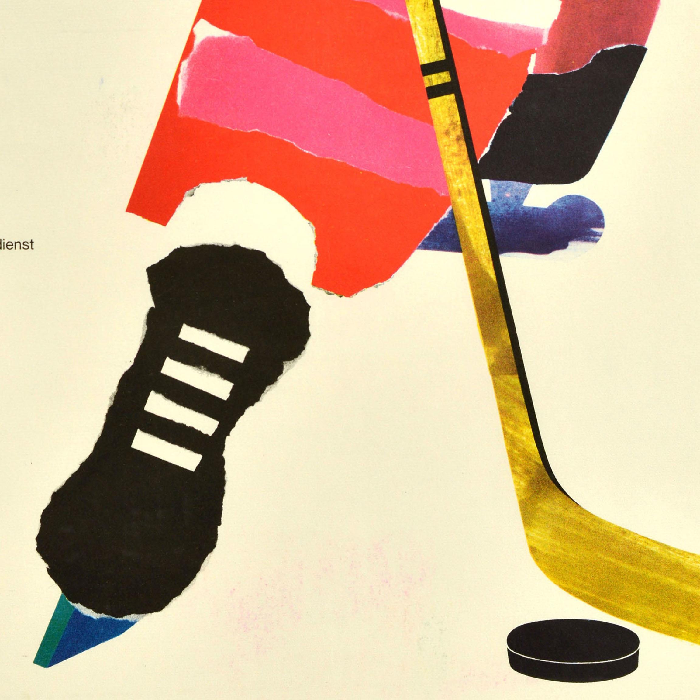 Original vintage sport poster for the Ice Hockey World Championship held from 18-29 March 1967 in Vienna - Eishockey Weltmeisterschaft Wien - featuring a great illustration depicting the lower part of a hockey player leaning forward holding a stick