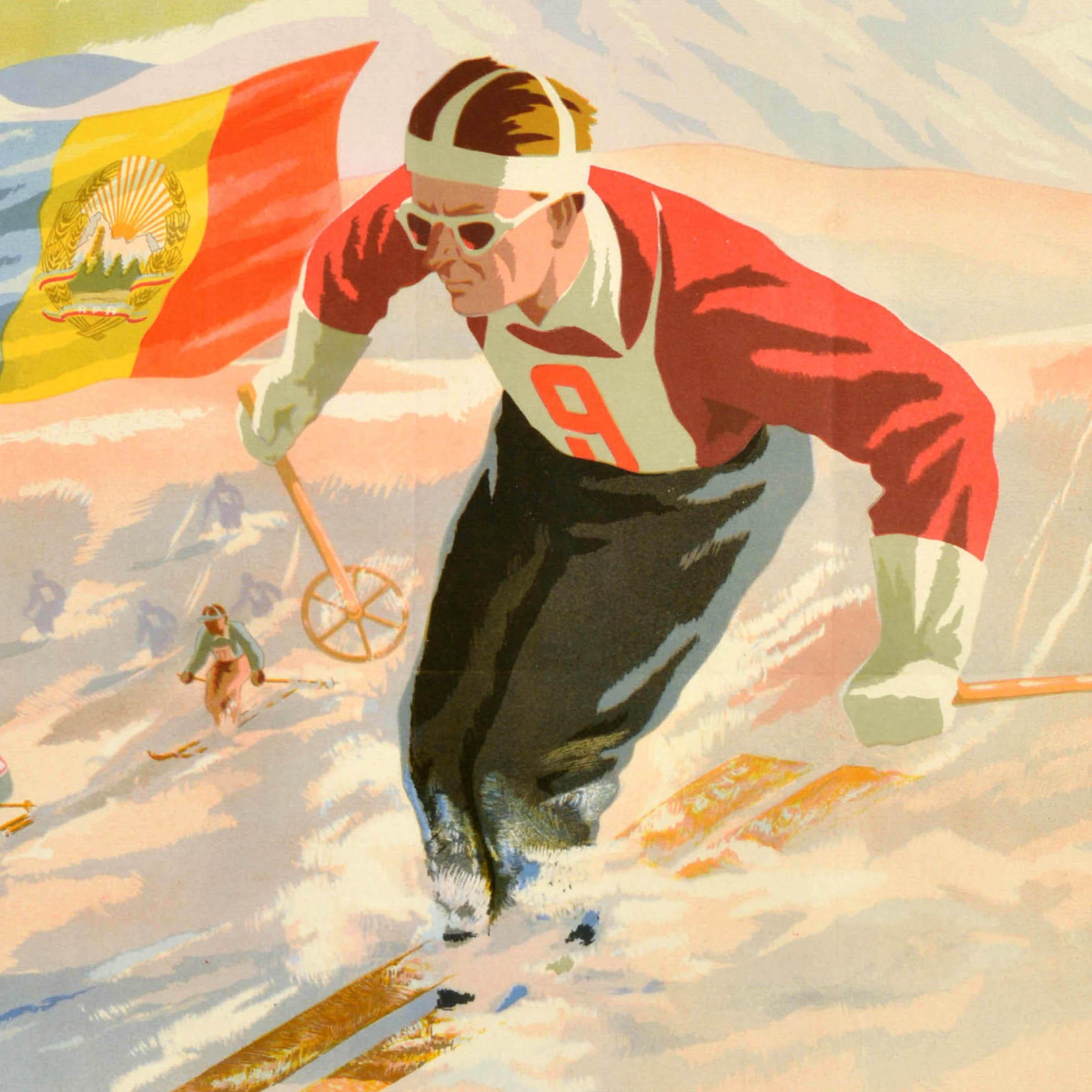 Affiche sportive originale d'époque pour les IXes Jeux Mondiaux Universitaires d'Hiver de l'Union Internationale des Etudiants qui se sont déroulés du 28 janvier au 4 février 1951 à Poiana en Roumanie. L'affiche présente une illustration dynamique