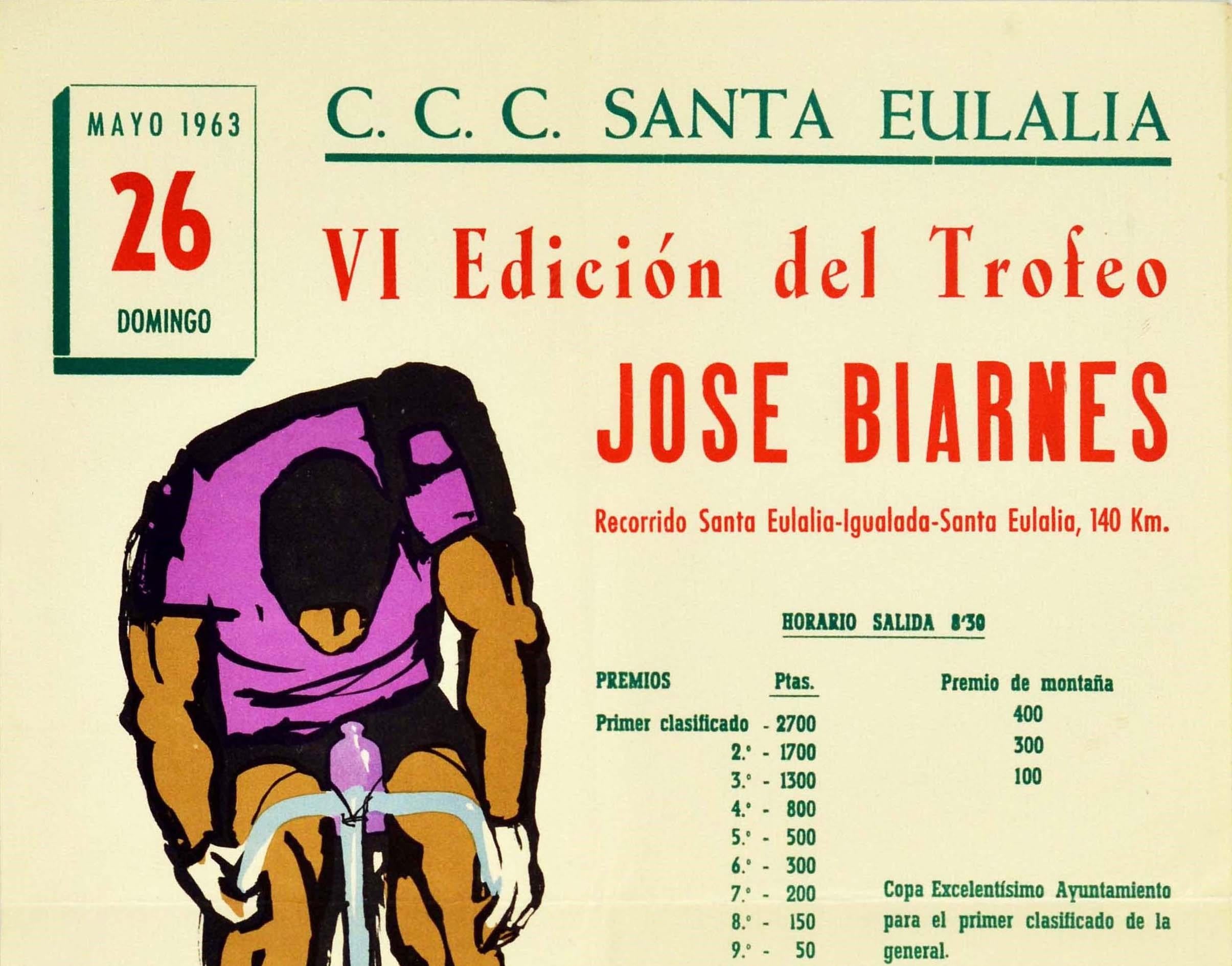 Original vintage sports event poster for the Cycling Trophy of Jose Biarnes on 26 May 1963 - CCC Santa Eulalia VI Edicion del Trofeo Jose Biarnes Recorrido Santa Eulalia Igualada Santa Eulalia, 140km. Great artwork of a racing cyclist in a purple