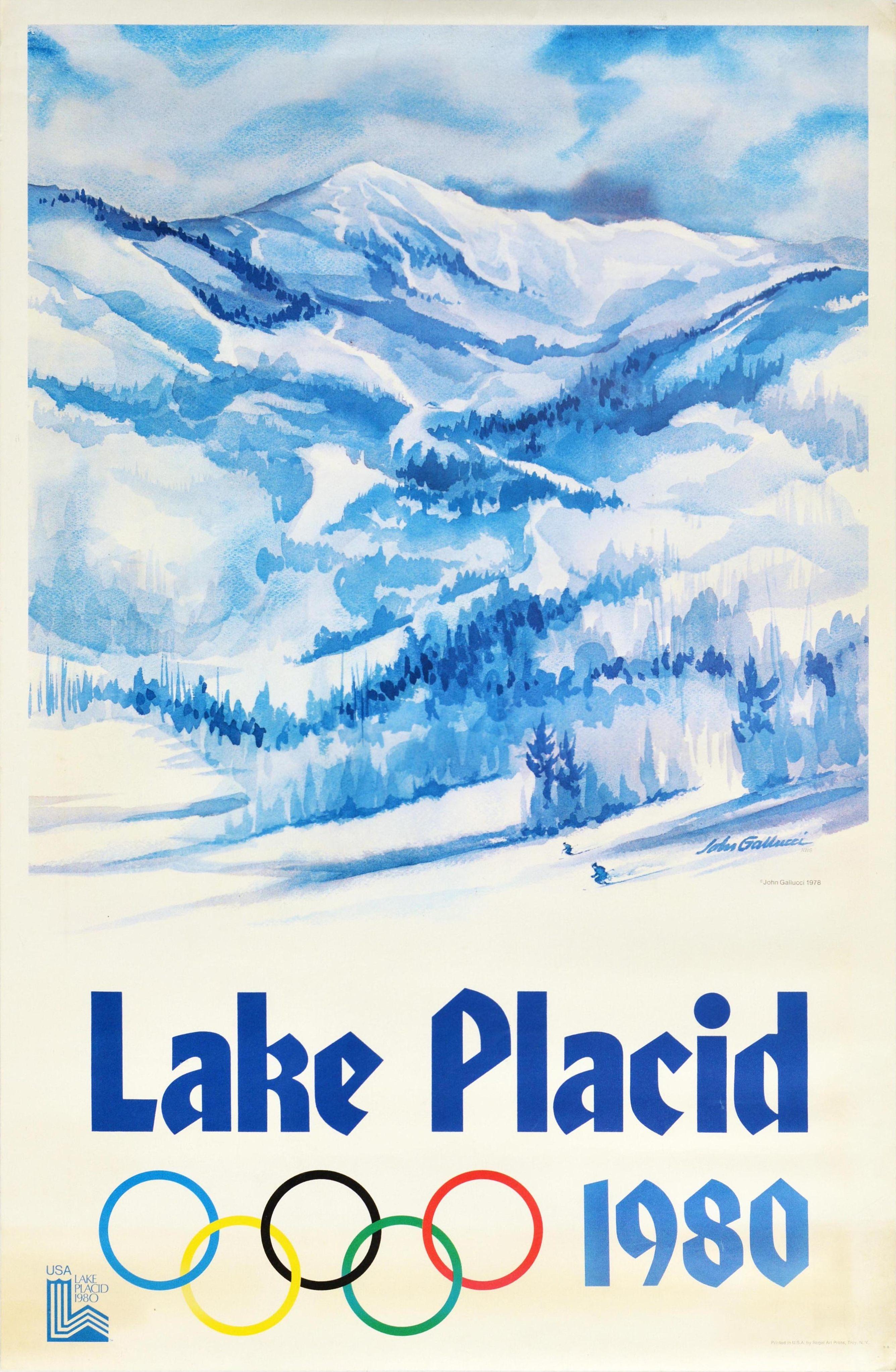 Original vintage sports advertising poster for the XIII Olympic Winter Games Lake Placid 1980 held in New York USA from 13-24 February featuring a stunning view by the American watercolour artist John Gallucci (1918-2009) showing skiers skiing on a
