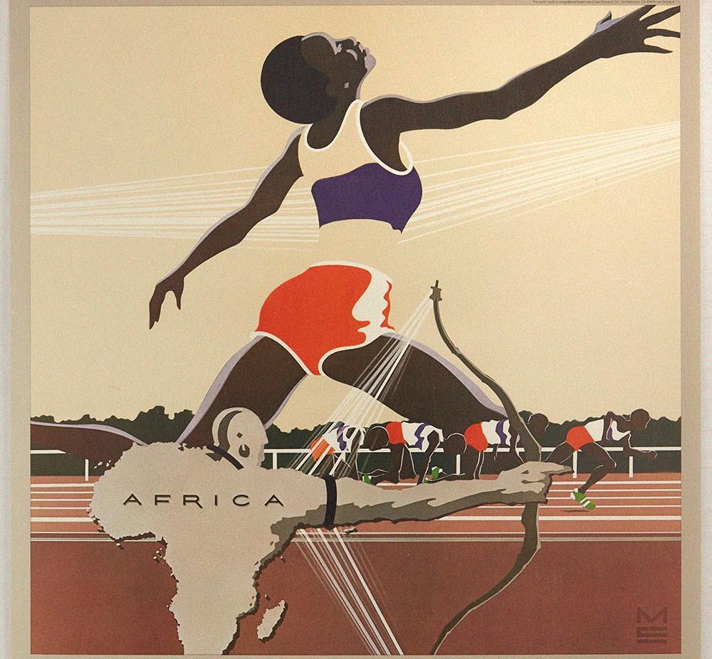 Original vintage sport poster published by the Levi Strauss clothing brand (founded 1853) for the 1980 Moscow Olympic Games featuring a great graphic design depicting an athlete stretching over an archer formed from the shape of the map of Africa
