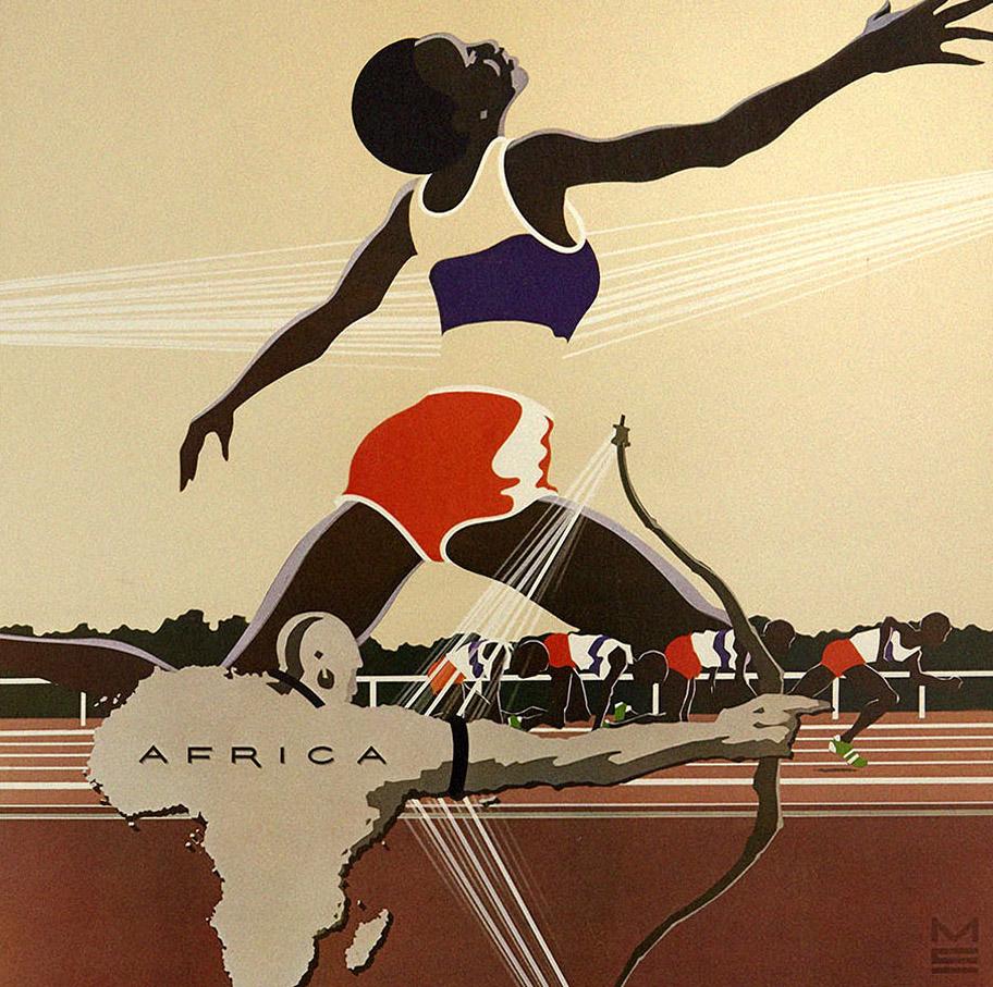 Poster sportivo originale d'epoca pubblicato dal marchio di abbigliamento Levi Strauss (fondato nel 1853) per le Olimpiadi di Mosca del 1980 con un grande disegno grafico che raffigura un atleta che si allunga su un arciere formato dalla forma della