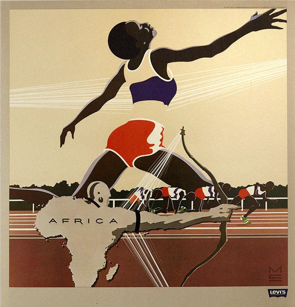 Americano Poster sportivo originale d'epoca Levi's Mosca 1980 Giochi Olimpici Africa Runner in vendita