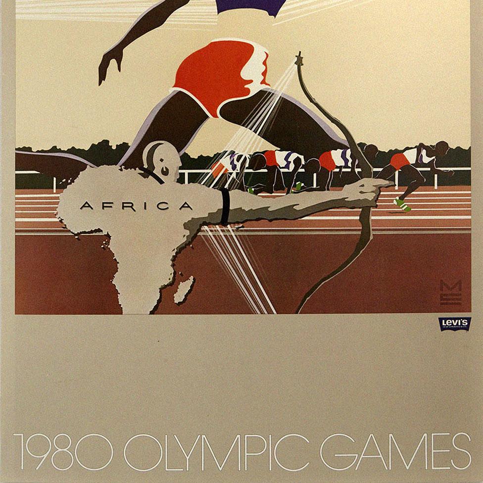 Poster sportivo originale d'epoca Levi's Mosca 1980 Giochi Olimpici Africa Runner In condizioni ottime in vendita a London, GB