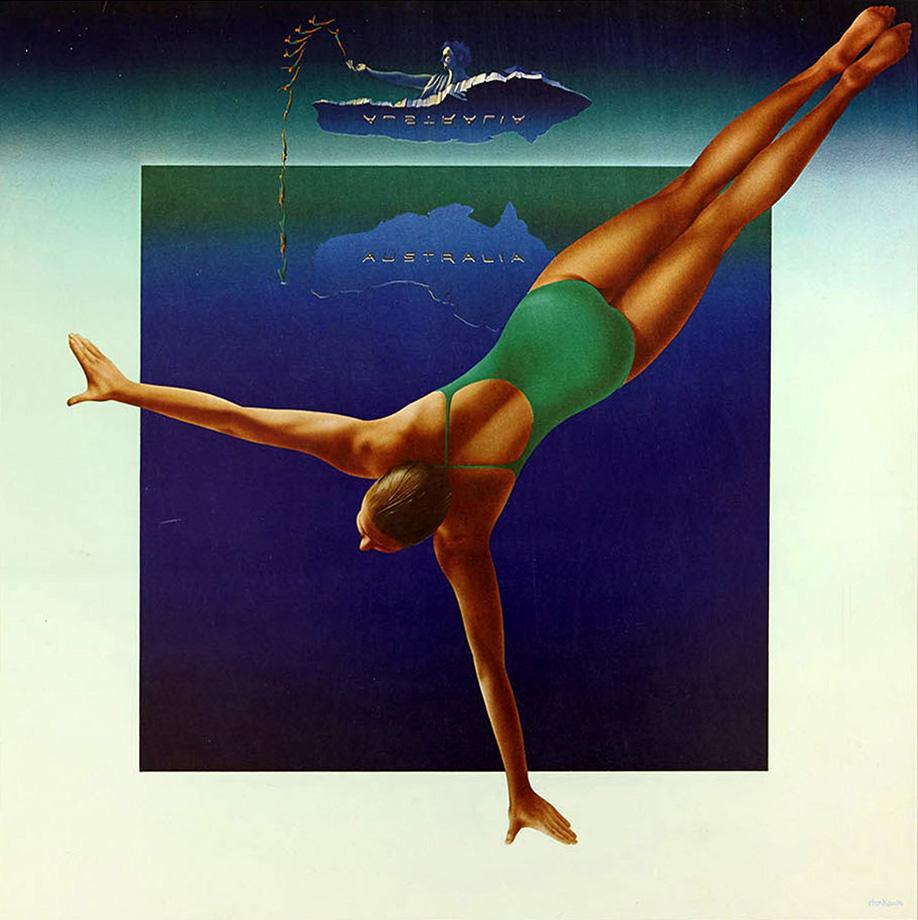 Affiche sportive originale publiée par la marque de vêtements Levi Strauss (fondée en 1853) pour les Jeux Olympiques de Moscou en 1980. Le dessin stylisé représente une plongeuse australienne vêtue d'un maillot de bain vert effectuant un plongeon
