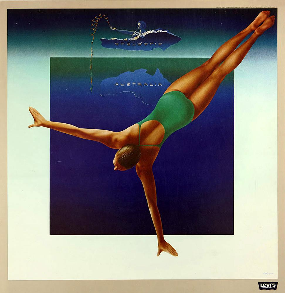 Américain Affiche sportive originale de Levi's Moscou des Jeux olympiques de 1980, Swimmer d'Australie en vente