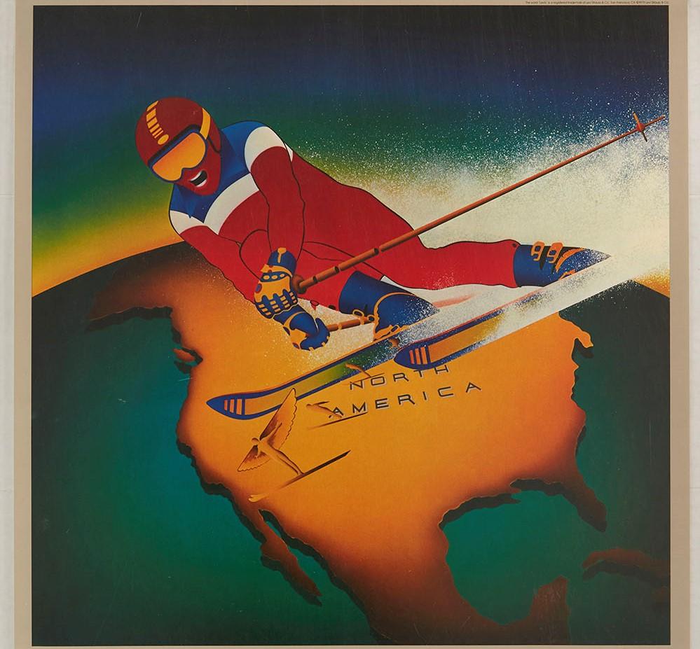 Original vintage sport poster published by the Levi Strauss clothing brand (founded 1853) for the 1980 Moscow Olympic Games featuring dynamic artwork depicting a skier in red, white and blue skiing at speed with the white spray of snow lit up over