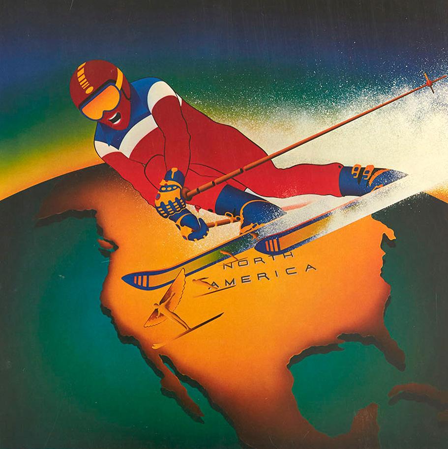 Affiche sportive originale publiée par la marque de vêtements Levi Strauss (fondée en 1853) à l'occasion des Jeux Olympiques de Moscou en 1980. L'illustration dynamique représente un skieur vêtu de rouge, de blanc et de bleu qui file à toute allure,