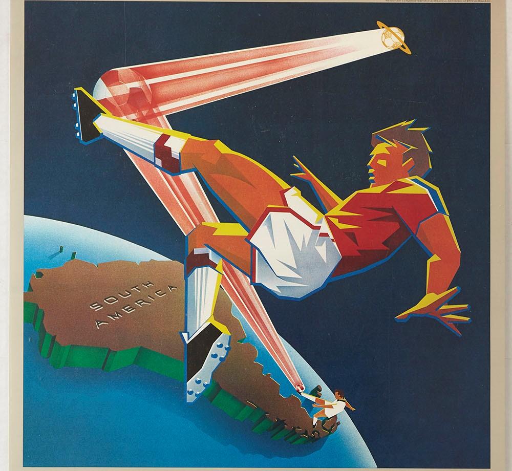 Original vintage sport poster published by the Levi Strauss clothing brand (founded 1853) for the 1980 Moscow Olympic Games featuring a dynamic graphic design depicting a football player in white kicking a ball from the map of South America up to a