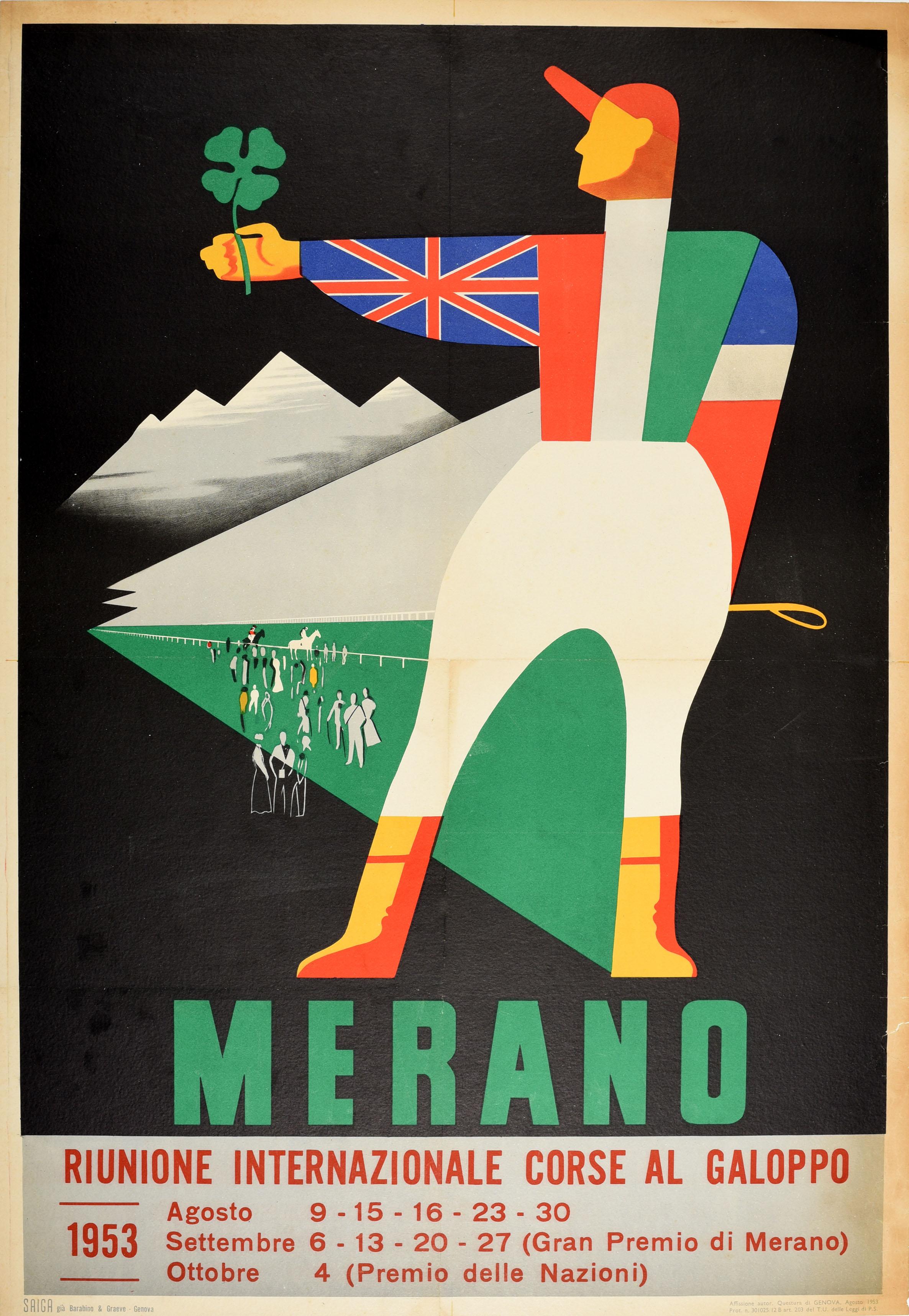 Original vintage sport event travel poster for Merano - International Meeting of Gallop Racing / Riunione Internazionale Corse Al Galoppo - featuring a stunning graphic design of a jockey with the Union Jack flag and the flags of France and Italy on