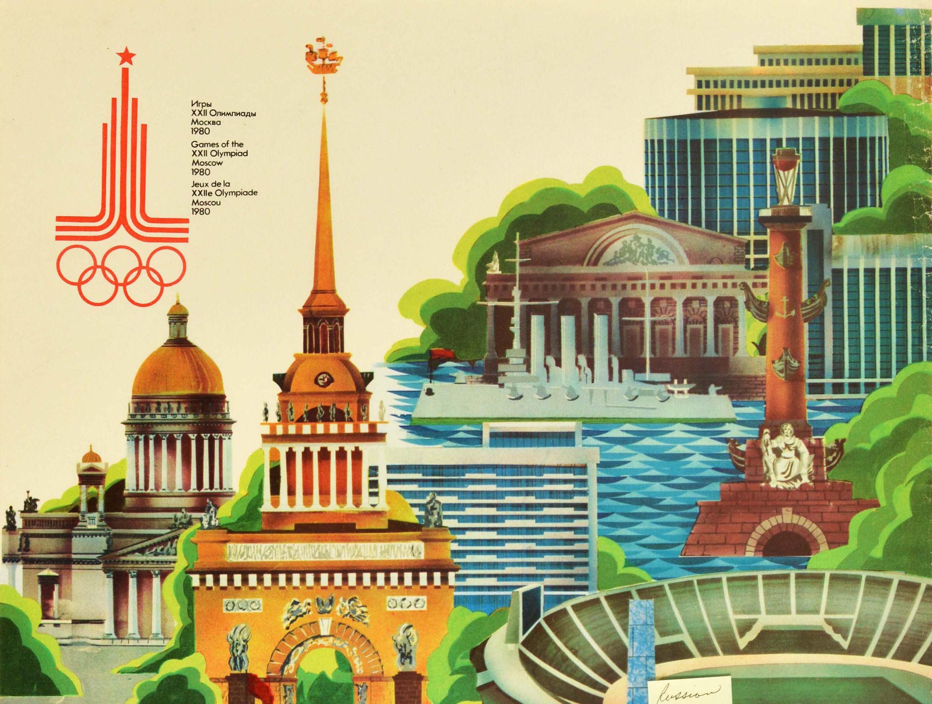 Affiche sportive soviétique vintage originale pour le tournoi final de football à Leningrad en Russie des 22e Jeux Olympiques d'été de la XXIIe Olympiade en 1980, organisés à Moscou en Russie. Elle présente une illustration colorée de divers