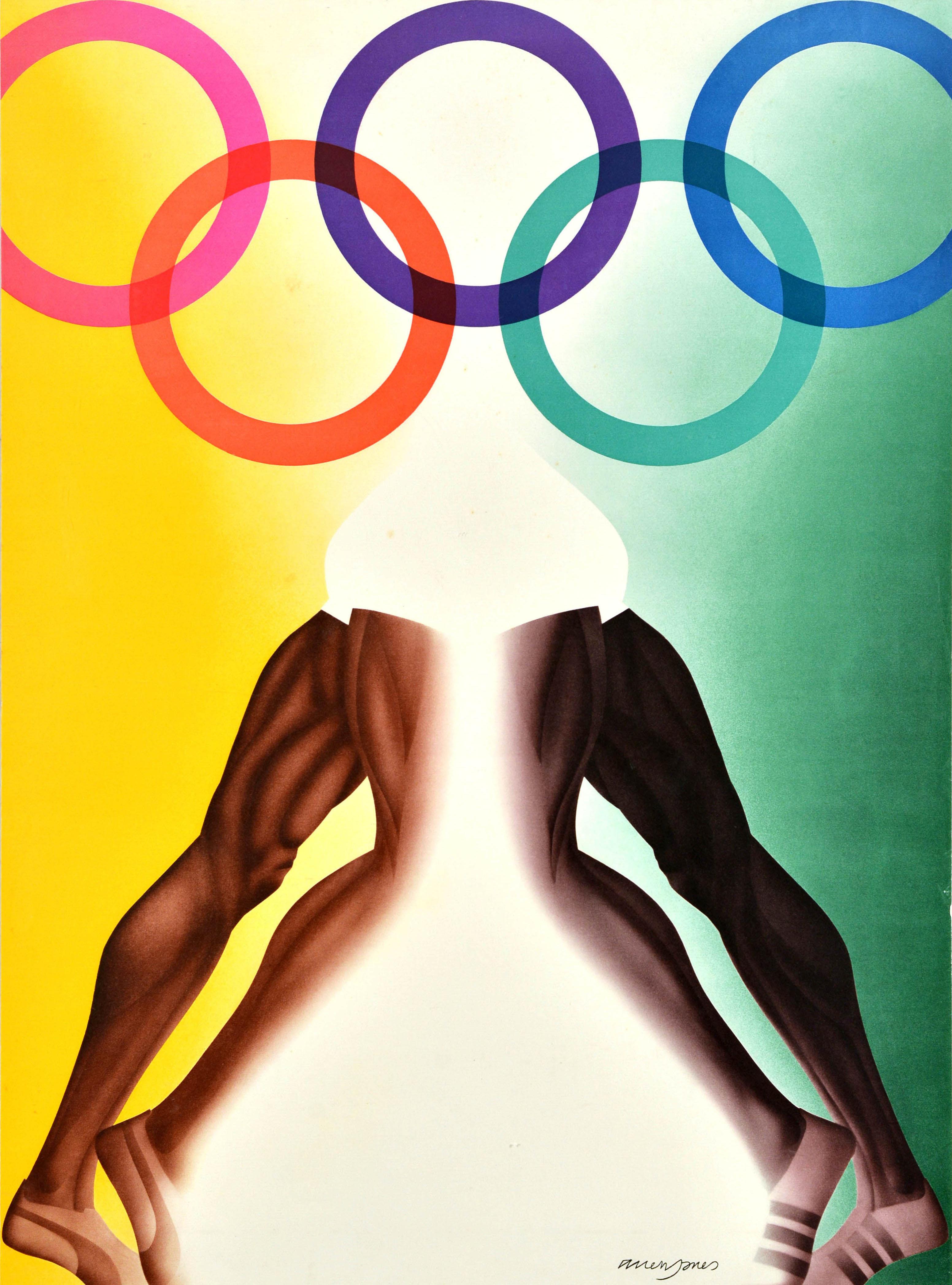 Original vintage sport poster for the 1972 Summer Olympic Games in Munich Germany featuring a colourful illustration by the British pop artist Allen Jones (b. 1937) depicting the logo with the five Olympic rings in pink, orange, purple, green and