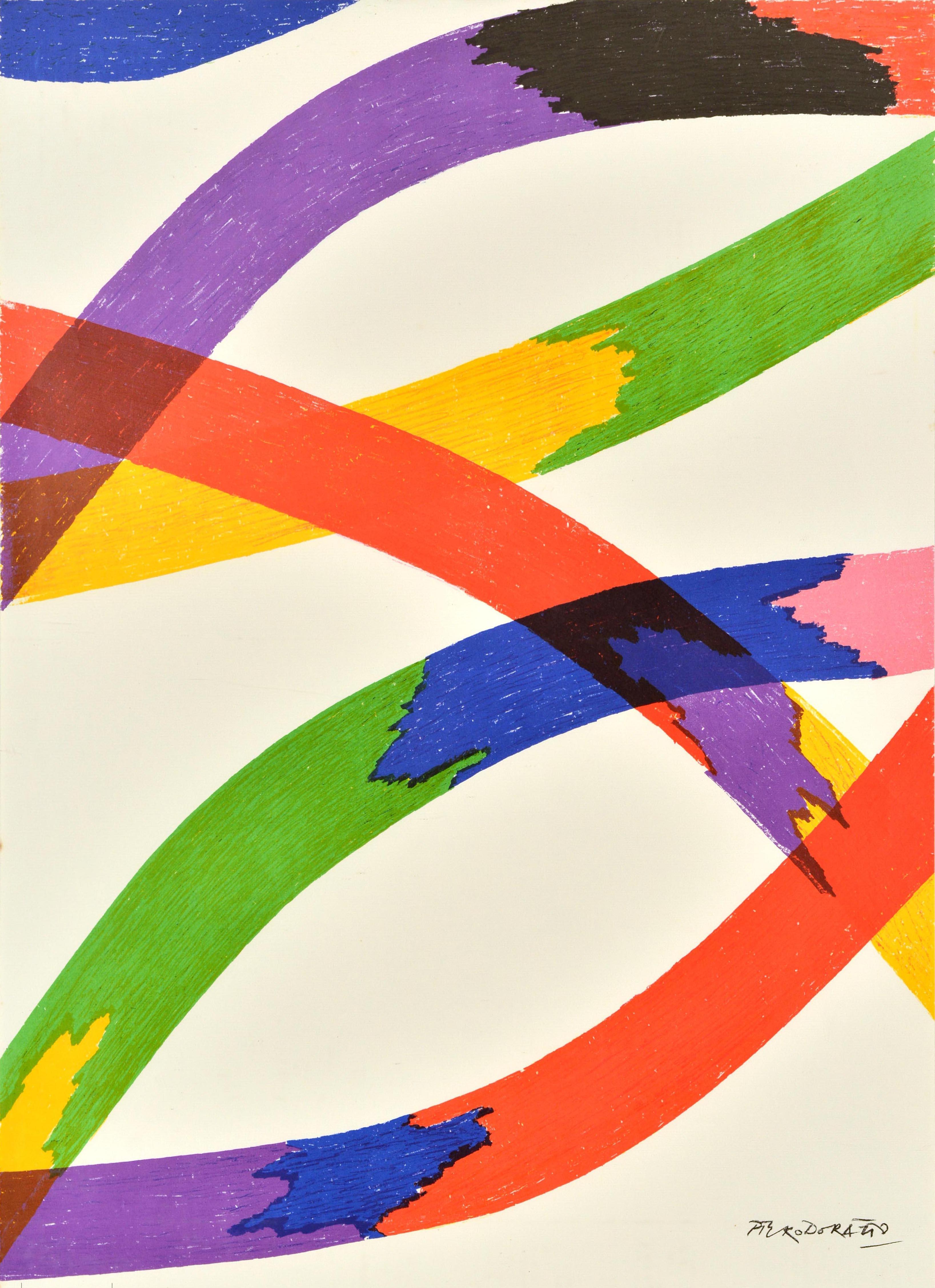 Poster sportivo originale d'epoca per i Giochi Olimpici estivi del 1972, tenutisi dal 26 agosto all'11 settembre 1972 a Monaco di Baviera in Germania, con un disegno astratto dell'artista italiano Piero Dorazio (1927-2005) di nastri colorati su
