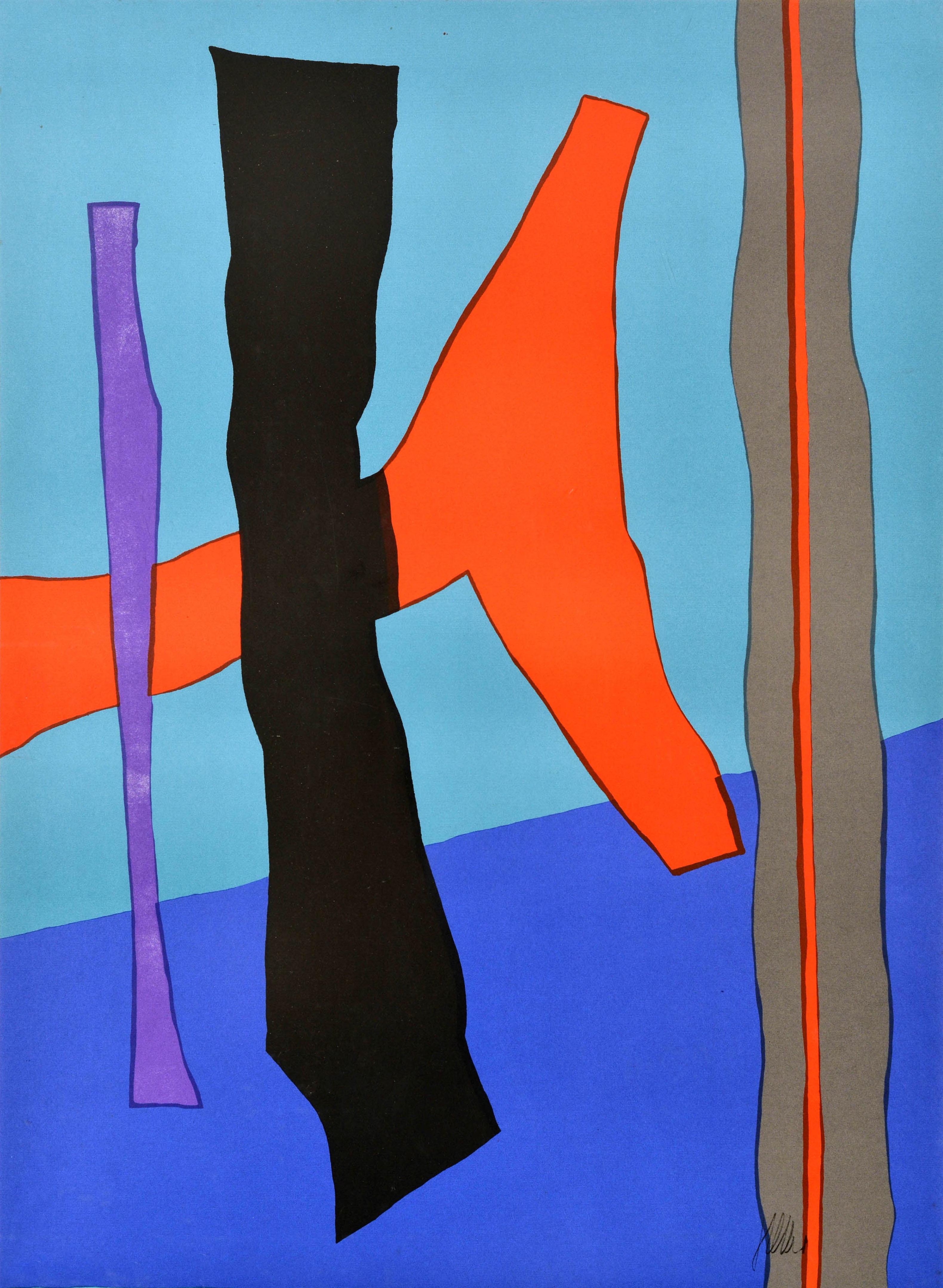 Affiche sportive originale pour les Jeux Olympiques d'été de 1972, qui se sont déroulés du 26 août au 11 septembre 1972 à Munich, en Allemagne. Elle présente un dessin abstrait de l'artiste allemand Fritz Winter (1905-1976) composé de formes et de