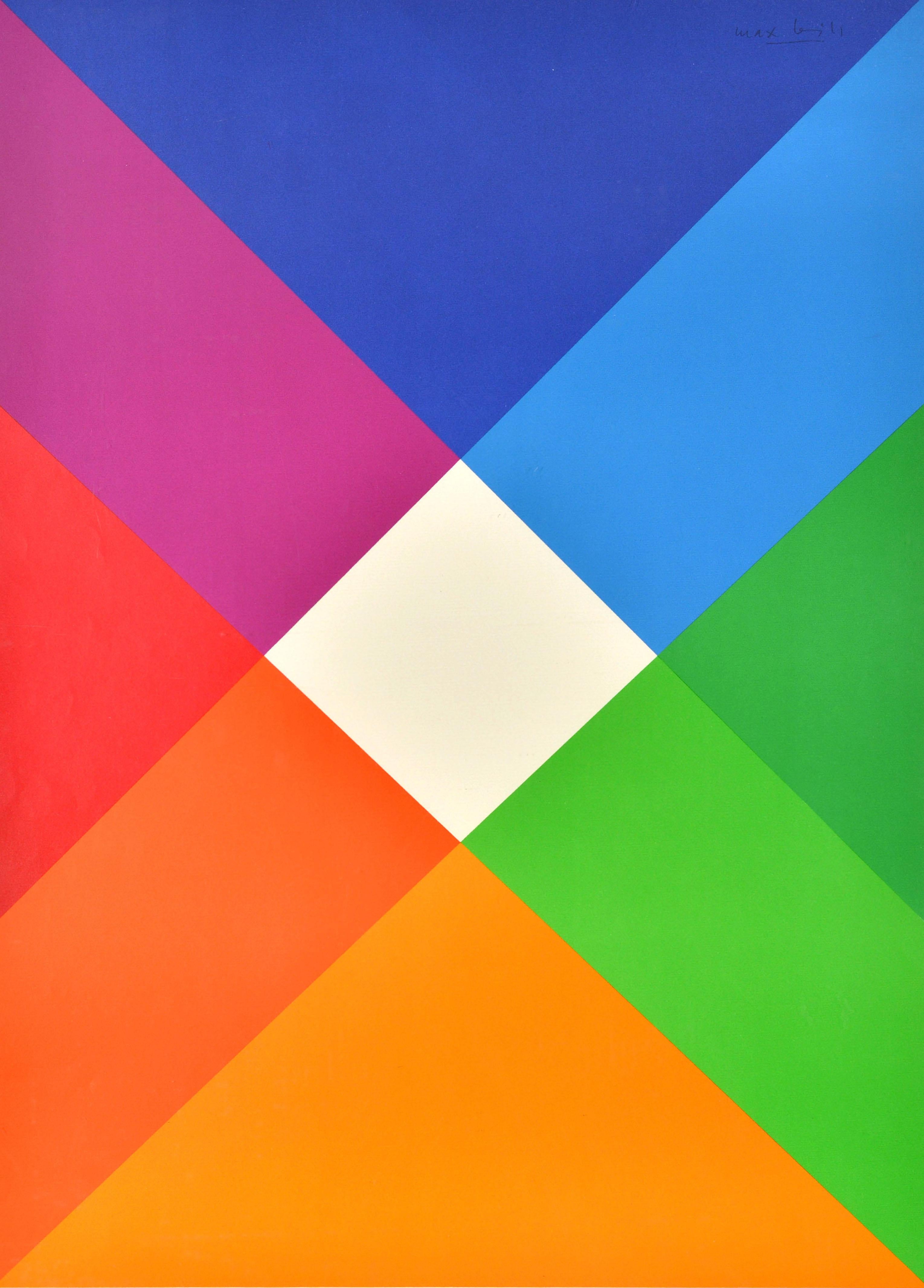 Original vintage sports poster promoting the 1972 Summer Olympic Games in Munich Germany featuring a great minimalist design by the Swiss architect, artist, painter and graphic designer Max Bill (1908-1994) depicting a colourful cross with a white