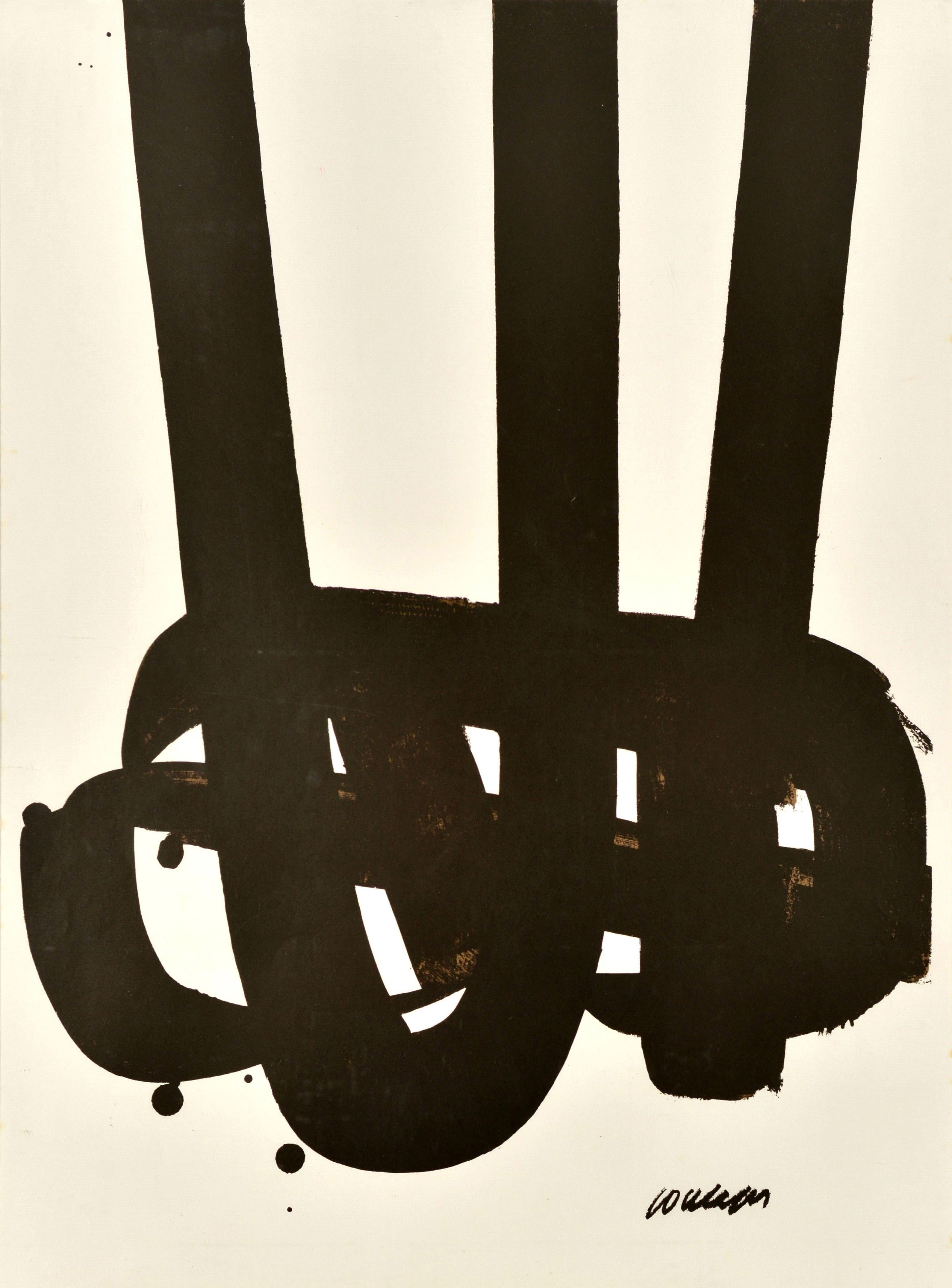 Affiche sportive originale pour les Jeux olympiques d'été de 1972 à Munich - Olympische Spiele Munchen - conçue par l'artiste français Pierre Soulages (1919-2022), représentant un dessin abstrait noir sur fond blanc. L'une des séries d'affiches