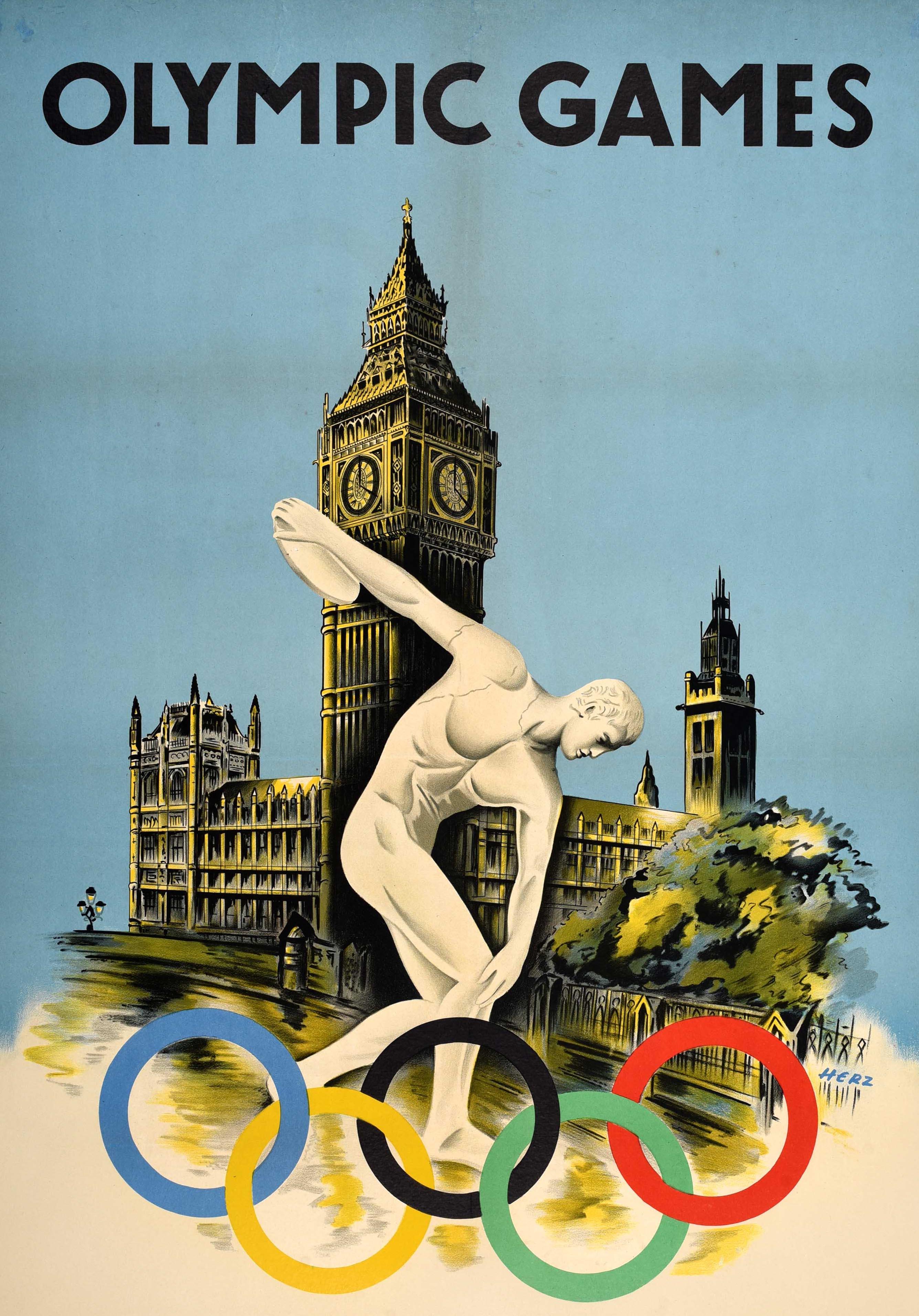 Affiche originale d'époque pour les Jeux Olympiques de Londres de 1948 qui se sont déroulés du 29 juillet au 14 août, les premiers Jeux organisés après la Seconde Guerre mondiale. Dessin emblématique de Walter Herz (né en 1909) représentant la