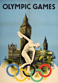 Poster sportivo originale d'epoca Giochi Olimpici 1948 Londra Walter Herz Ben