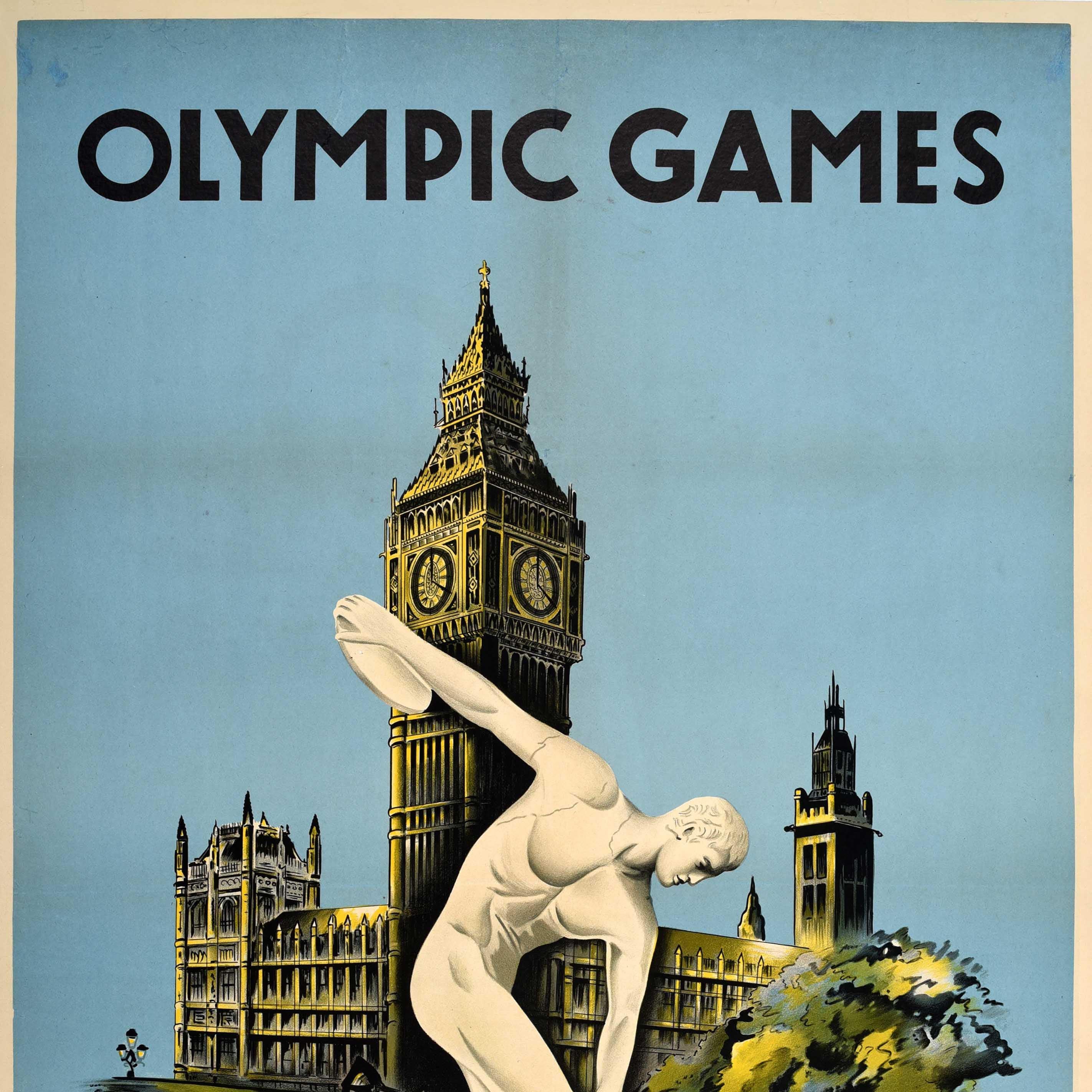 British Original Vintage Sport Poster Olympic Games 1948 London Walter Herz Big Ben For Sale