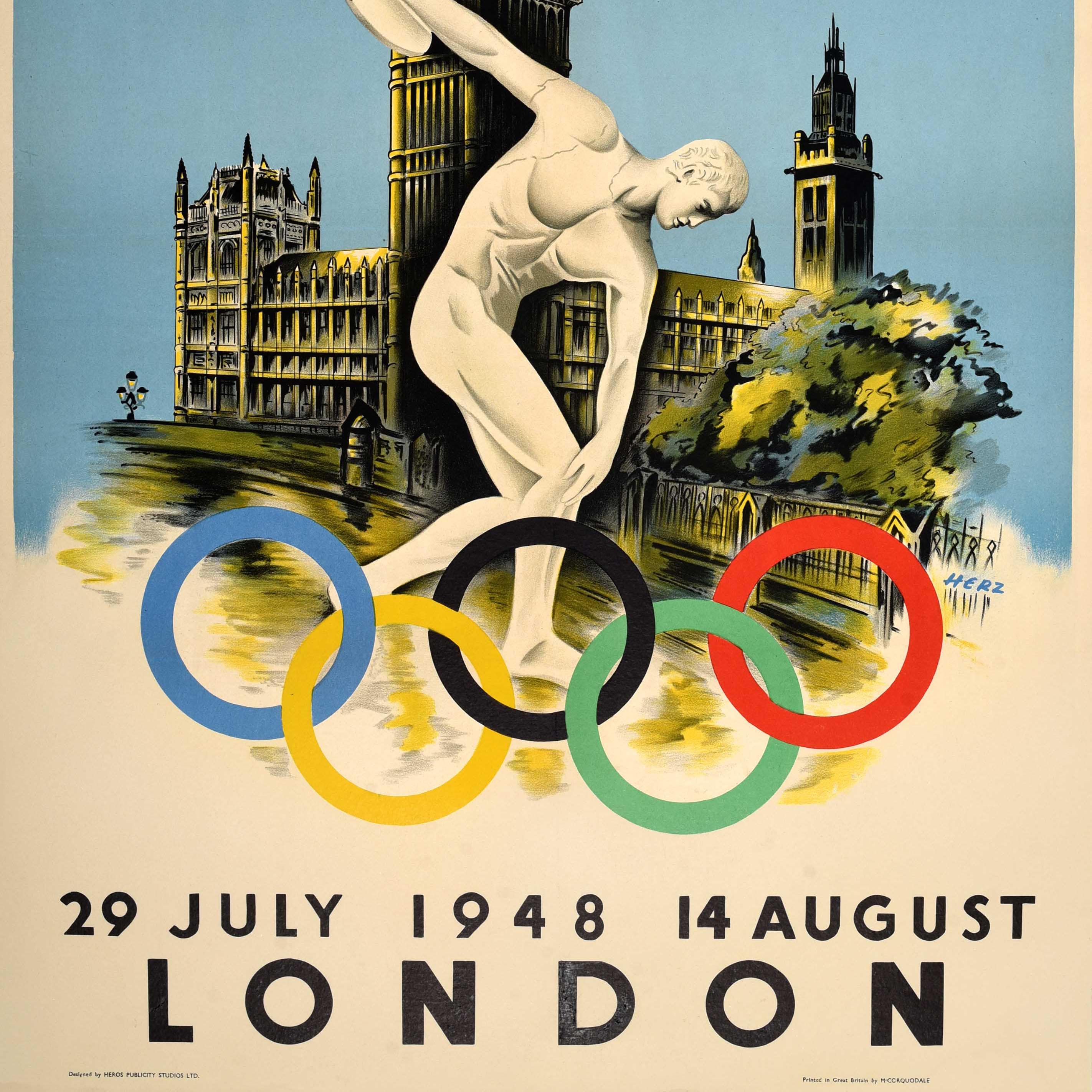 Mid-20th Century Original Vintage Sport Poster Olympic Games 1948 London Walter Herz Big Ben For Sale