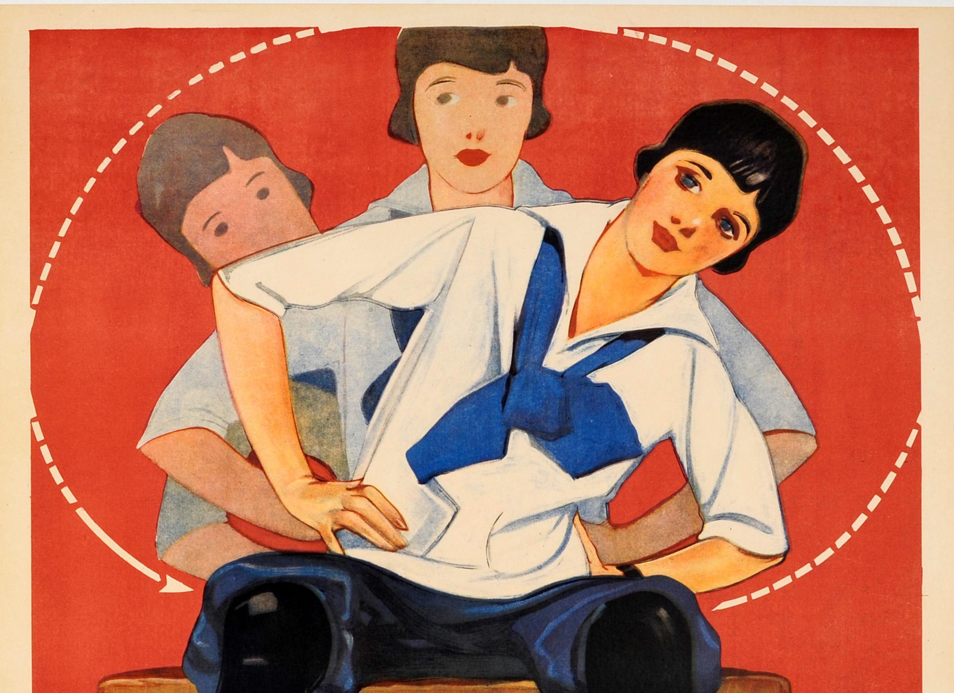 Original vintage sport propaganda poster issued by the Young Women's Christian Association Y.W.C.A – Join the Gym – featuring a great illustration promoting health and fitness showing a young lady wearing a smart white shirt and blue neck scarf