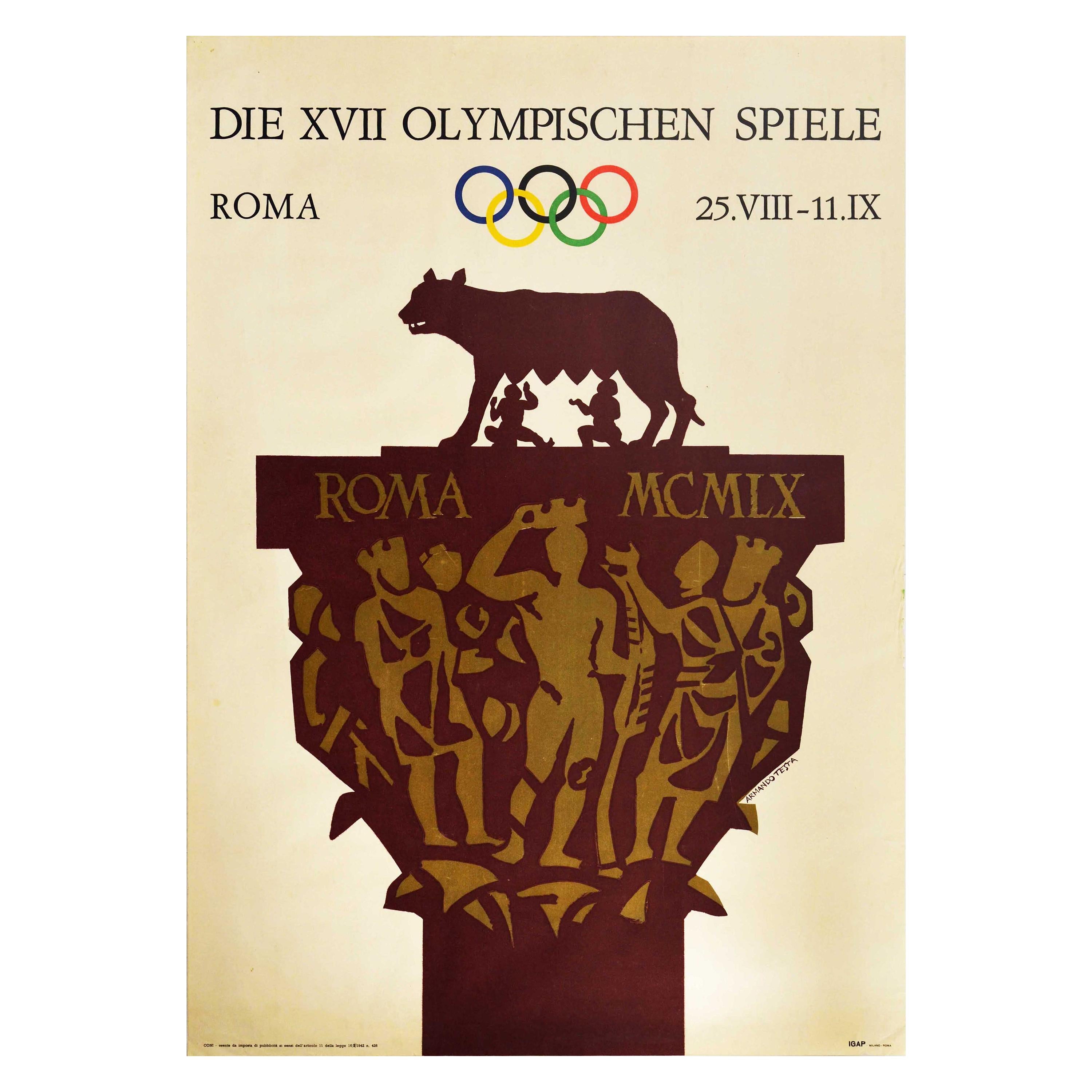 Original Vintage Sport Poster Rome Olympic Games Italy Romulus And Remus Design For Sale