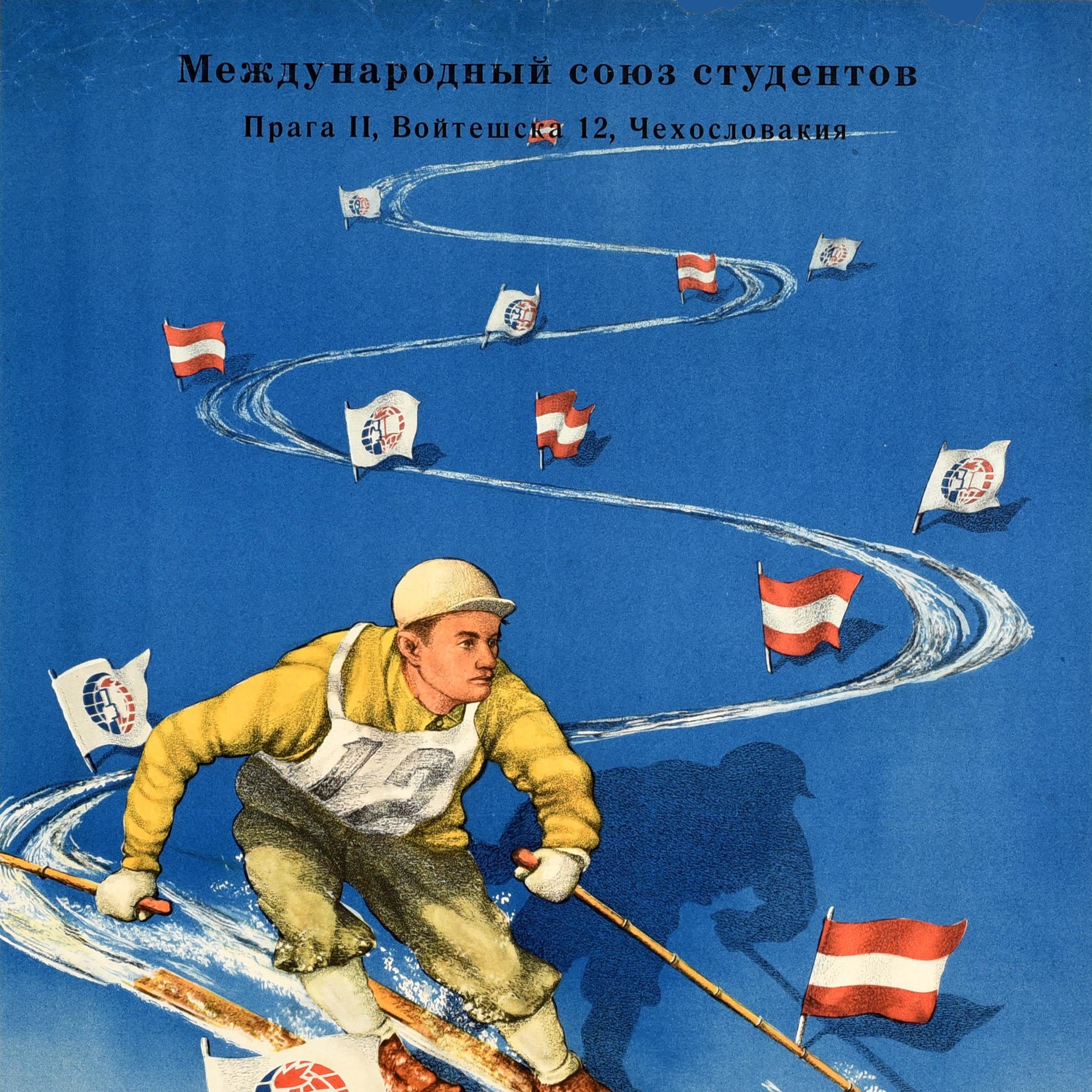 Poster originale d'epoca per i 10° Giochi Mondiali Studenteschi Invernali di Vienna e Semmering - X Всемирные Зимние Студенческие Игры Вена И Земеринг австрия - svoltisi dal 23 febbraio al 2 marzo 1953. Disegno dinamico con uno sciatore che indossa