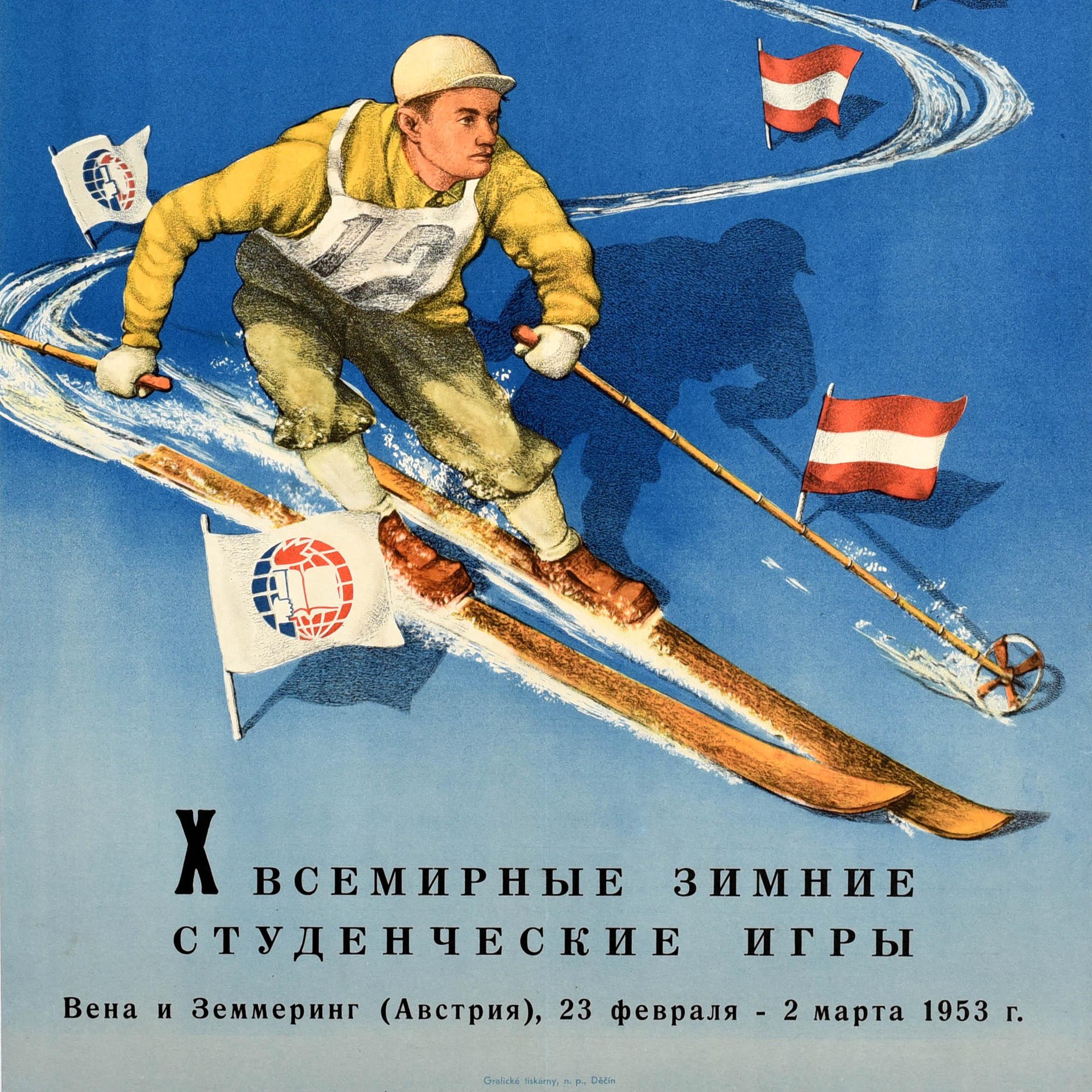 Ceco Poster sportivo originale d'epoca Sci Austria Giochi Mondiali Invernali Studenteschi Praga in vendita