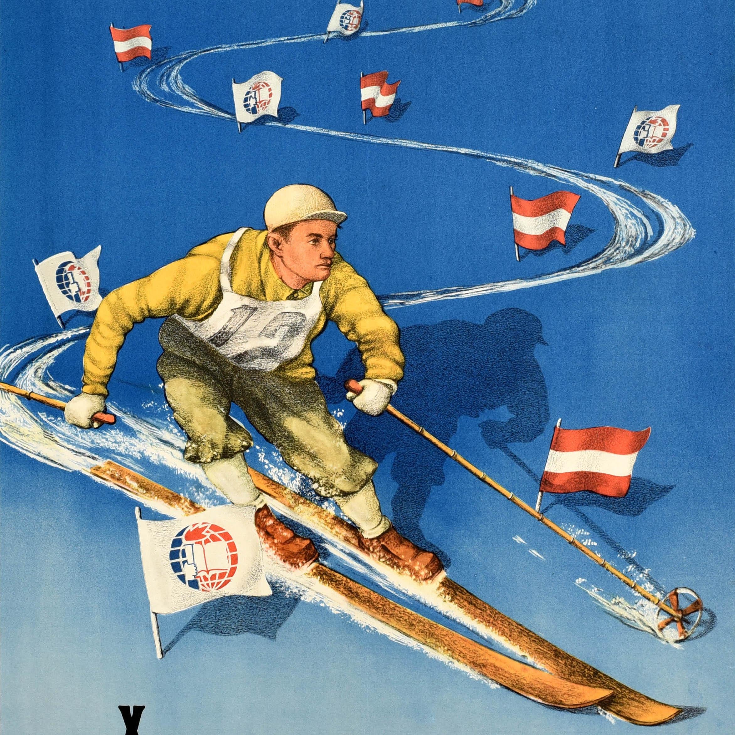 Poster sportivo originale d'epoca Sci Austria Giochi Mondiali Invernali Studenteschi Praga In condizioni buone in vendita a London, GB