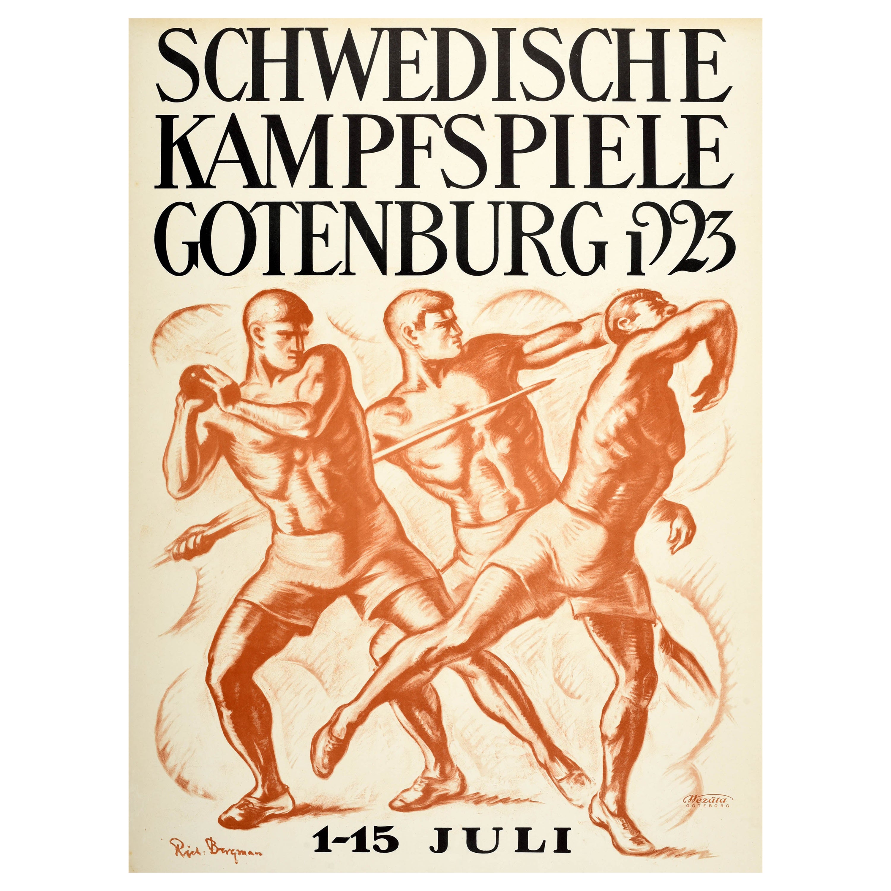 Póster deportivo original de época Juegos de lucha suecos Gotemburgo 1923 Suecia