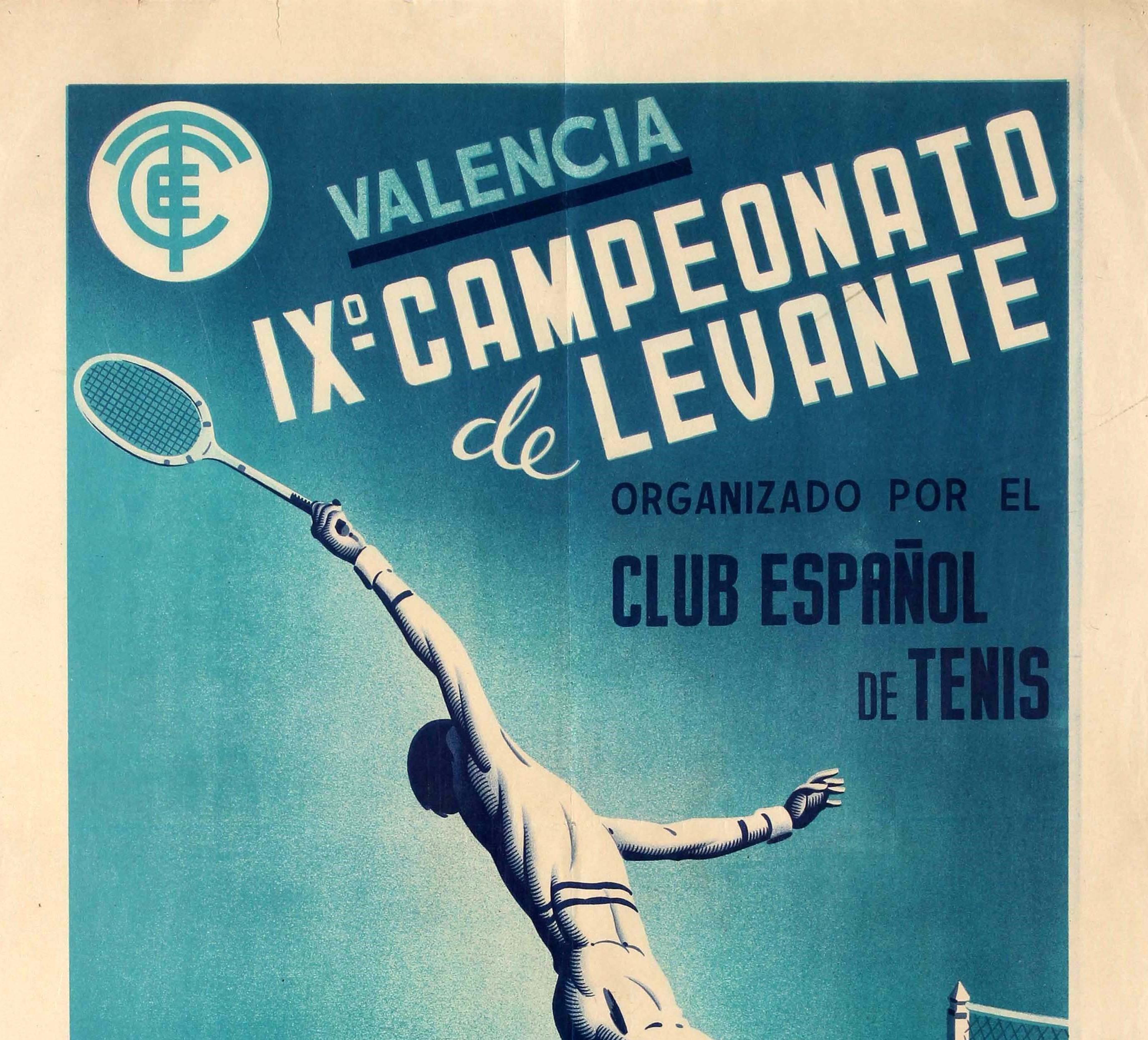 Original vintage sport poster for the IX Campeonato de Levante tennis championship event organised by the Spanish Tennis Club and held in Valencia from 25-31 October 1948. Dynamic artwork in shades of blue and white depicting a tennis player leaning