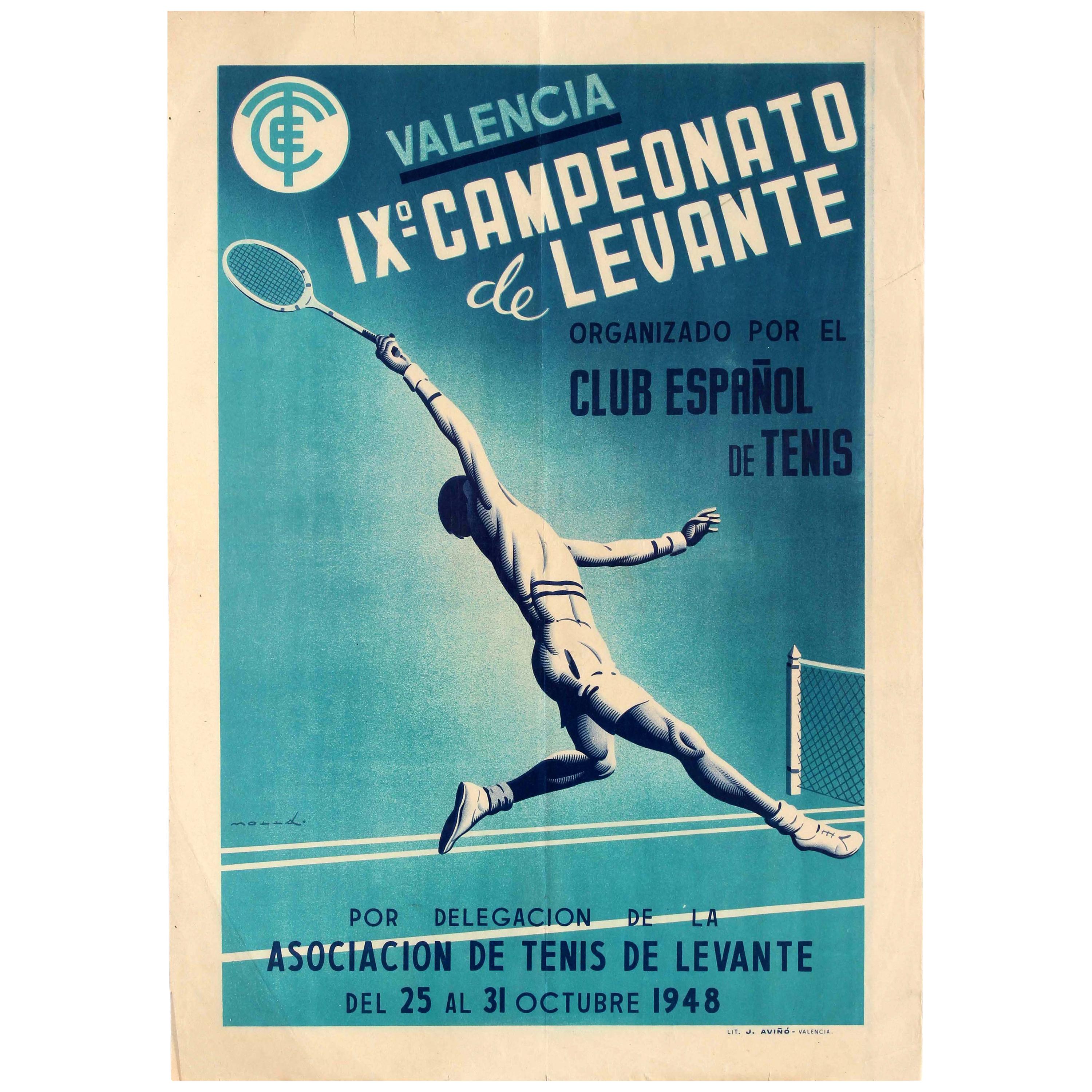 Original Vintage Sport Poster Valencia Campeonato De Levante Tennis Club Spain 