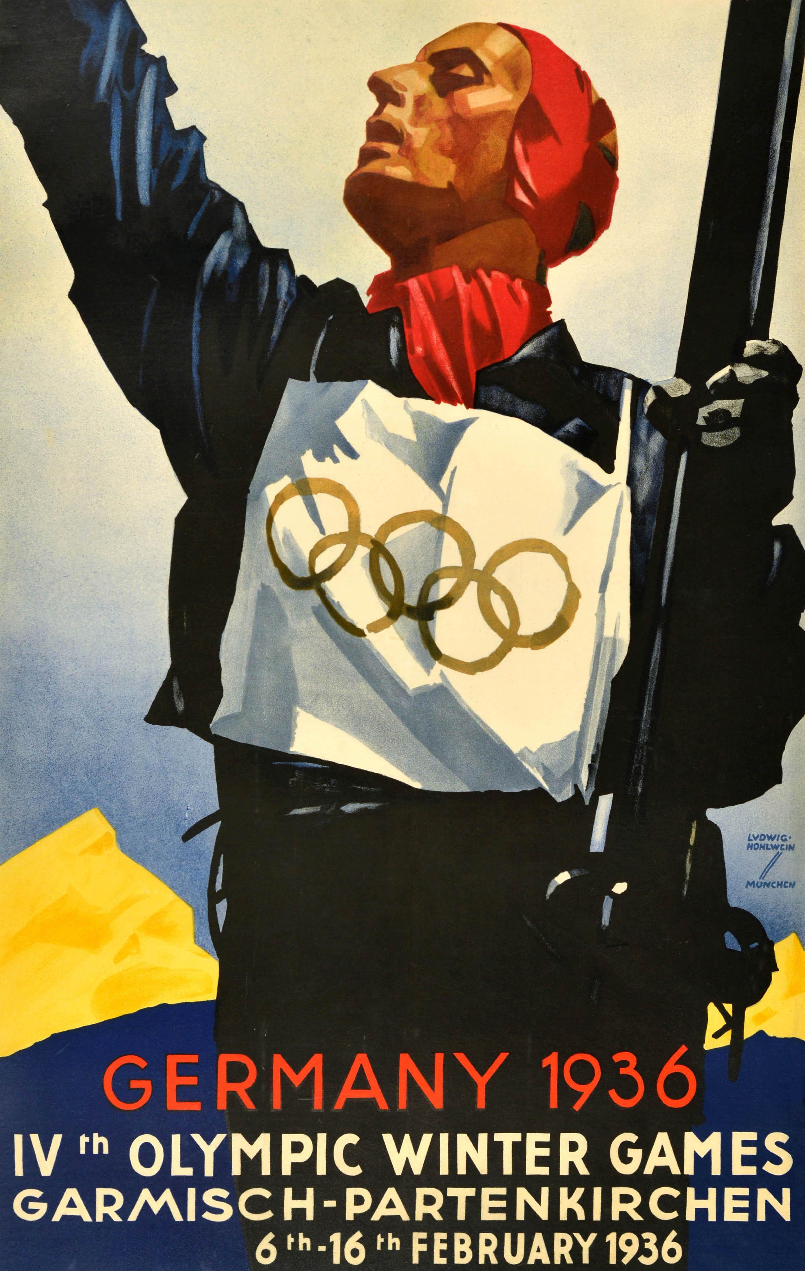 Original vintage sport poster - Germany 1936 IV Olympic Winter Games Garmisch Partenkirchen 6-16 February - featuring dynamic artwork by Ludwig Hohlwein (1874-1949) depicting a skier wearing a bib with the Olympic rings symbol on it, holding his