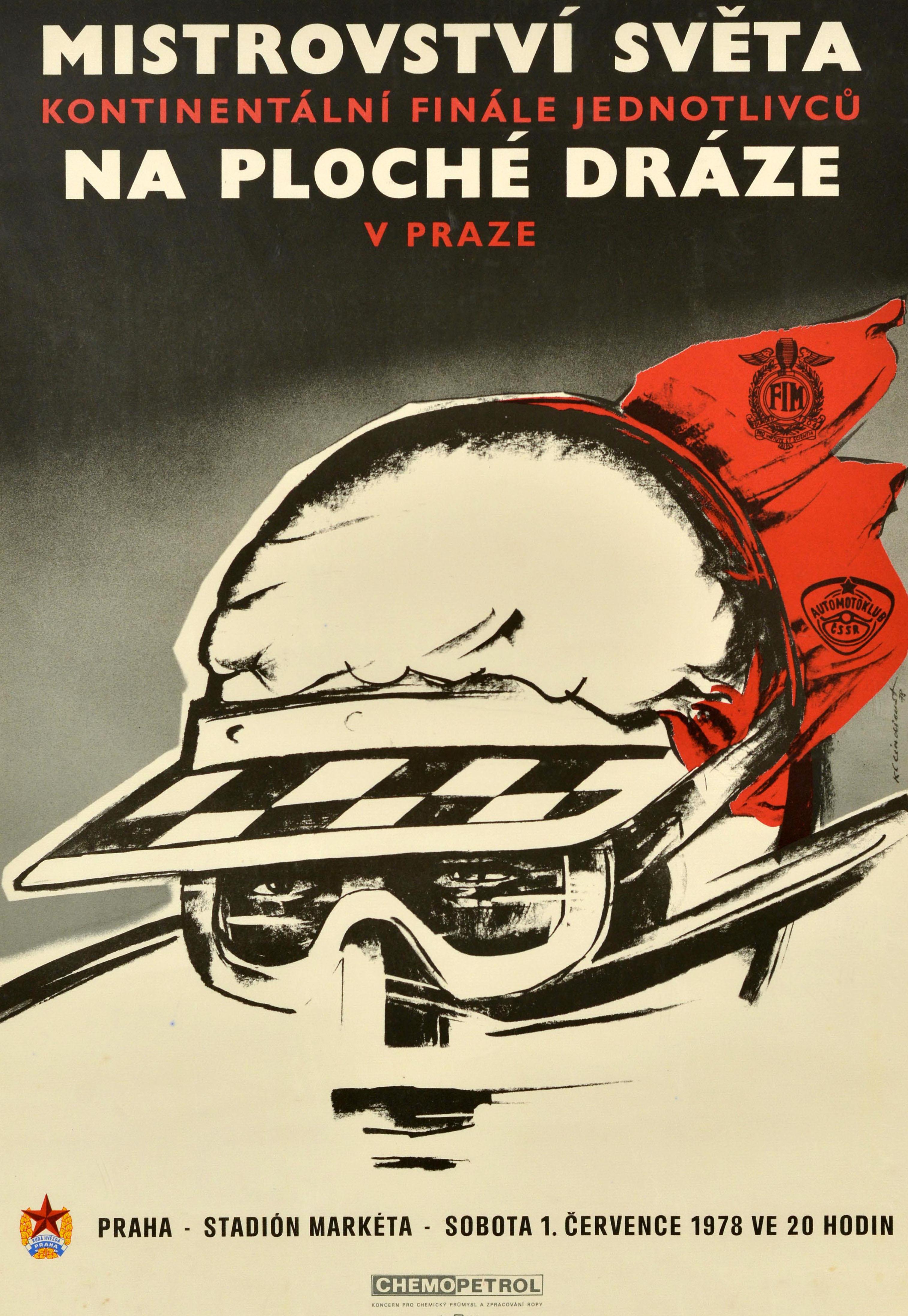 Affiche originale de sport automobile pour la finale individuelle du championnat du monde continental à Prague - Mistrovstvi Sveta Kontinentalni Finale Jednotlivcu na Ploche Draze v Praze Praha Stadion Marketa - qui s'est déroulée le 1er juillet