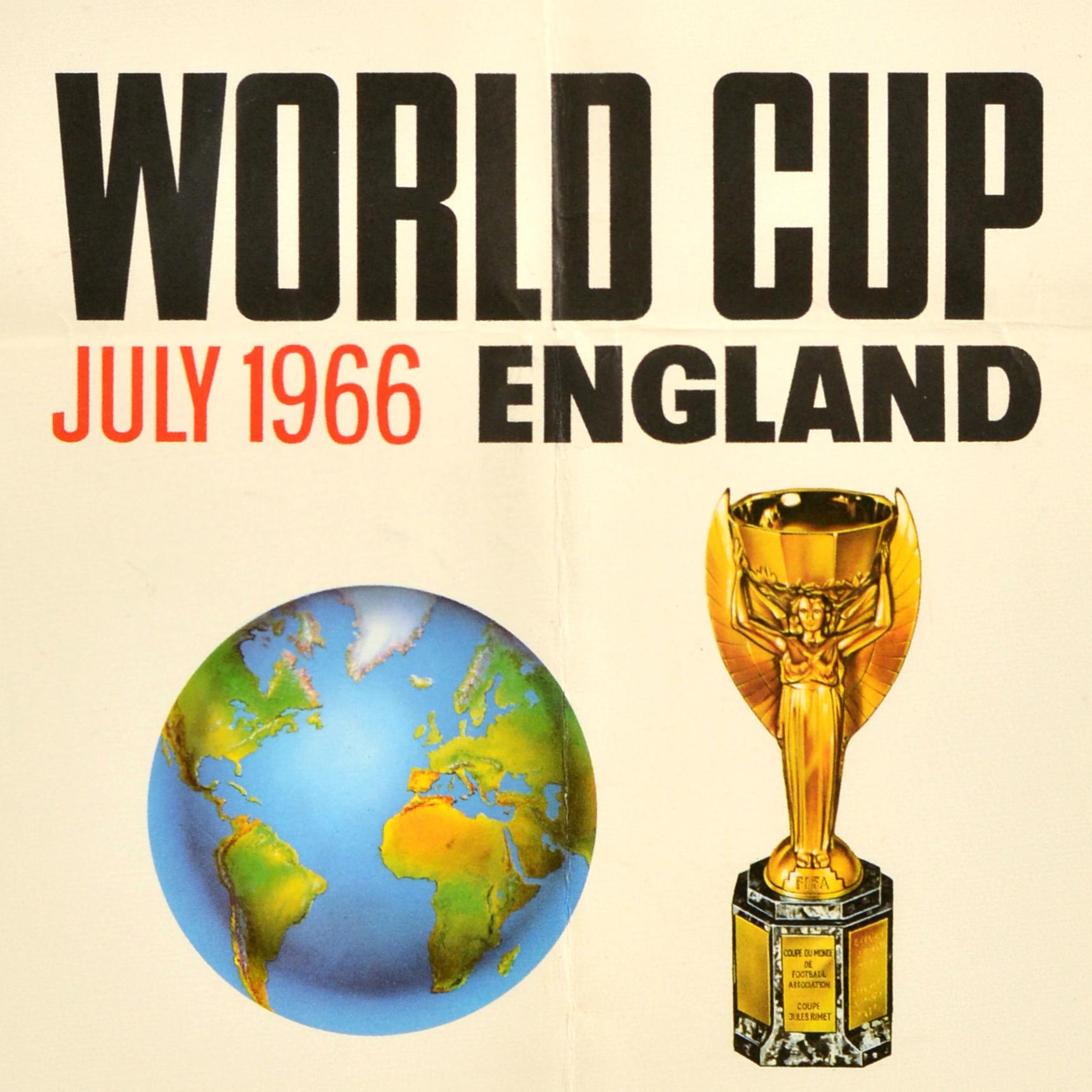 Original vintage sport poster - World Cup July 1966 England - featuring a football and the FIFA World Championship tournament logo on a Union Jack flag background above the bold title text in black and red in the centre with a globe and the Jules