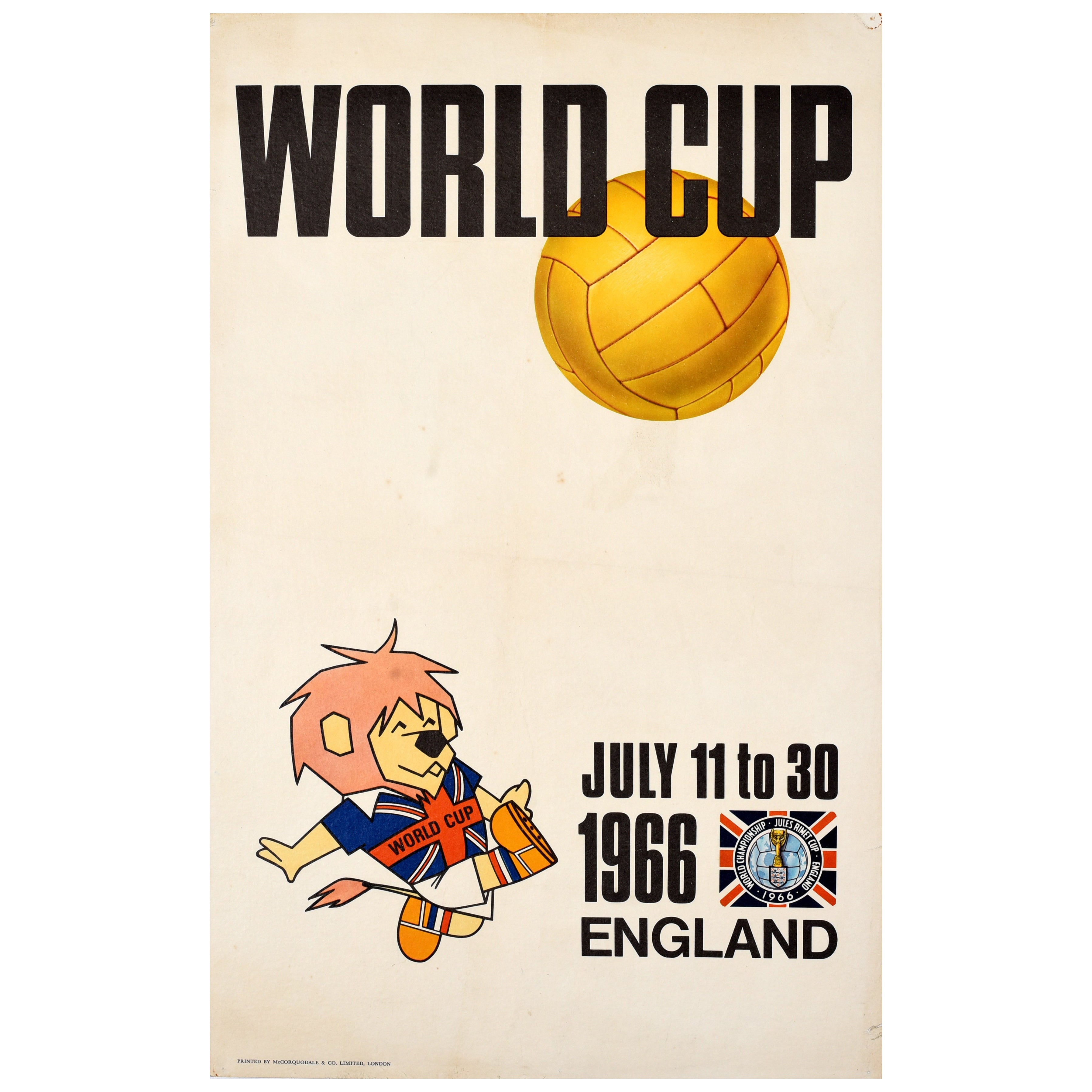 Poster sportivo originale della Coppa del Mondo Willie 1966 Calcio FIFA UK Reg Hoye