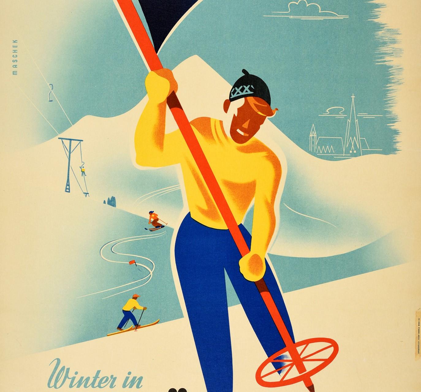 Original vintage alpine winter sport and skiing poster - Winter in Niederosterreich / Lower Austria – featuring a great illustration depicting a skier in a colourful yellow top with blue trousers sticking a ski pole flying a blue and yellow flag