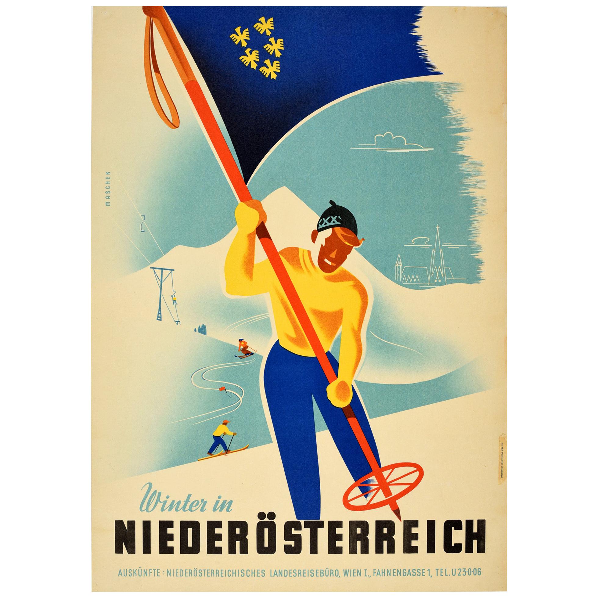 Original Vintage Sport Skiing Poster Winter in Niederosterreich / Lower Austria