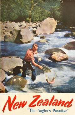 Original Vintage Sport Travel Poster New Zealand The Angler's Paradise Fishing