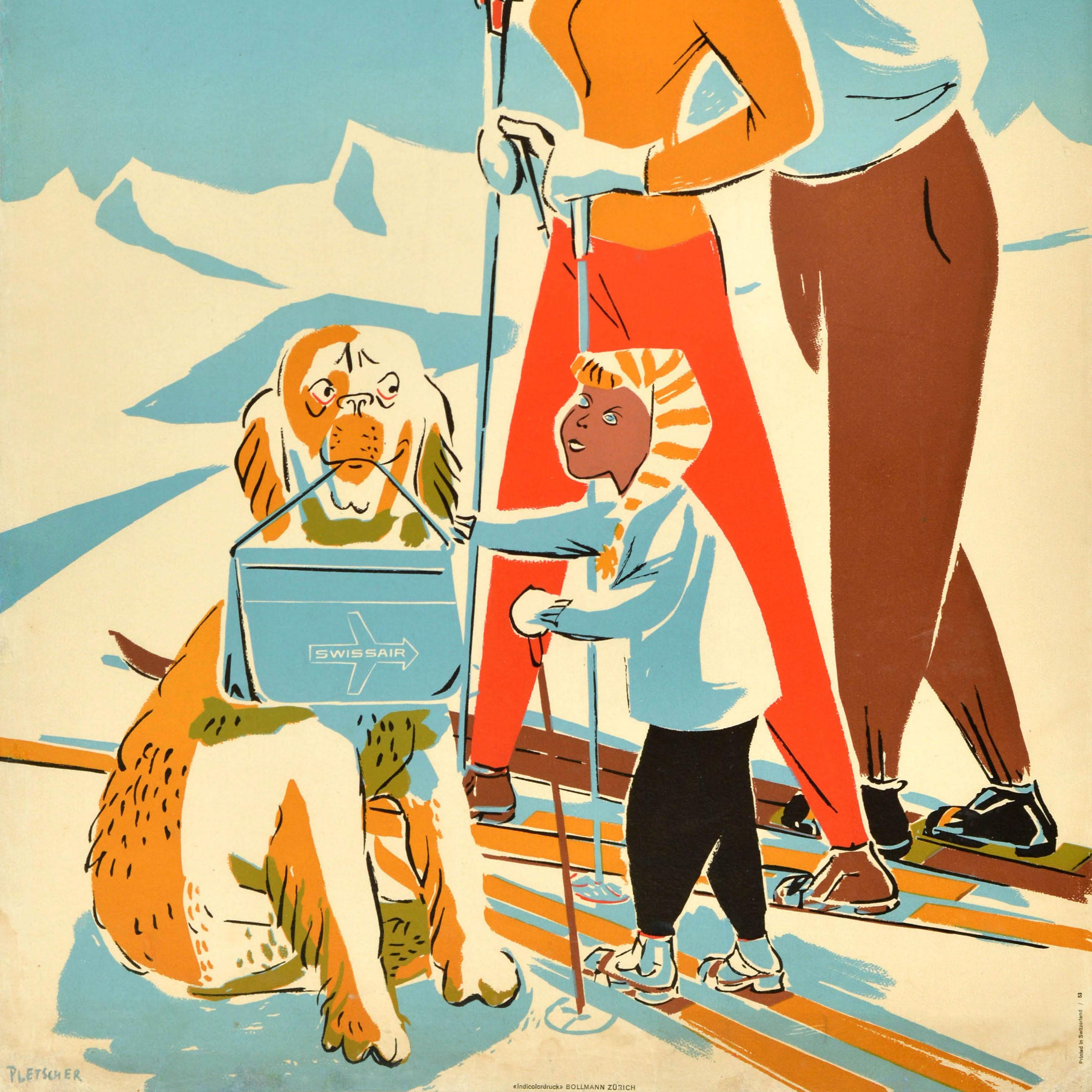 Mid-Century moderno Poster di viaggio sportivo originale d'epoca Sport invernali Swissair Svizzera Suisse in vendita