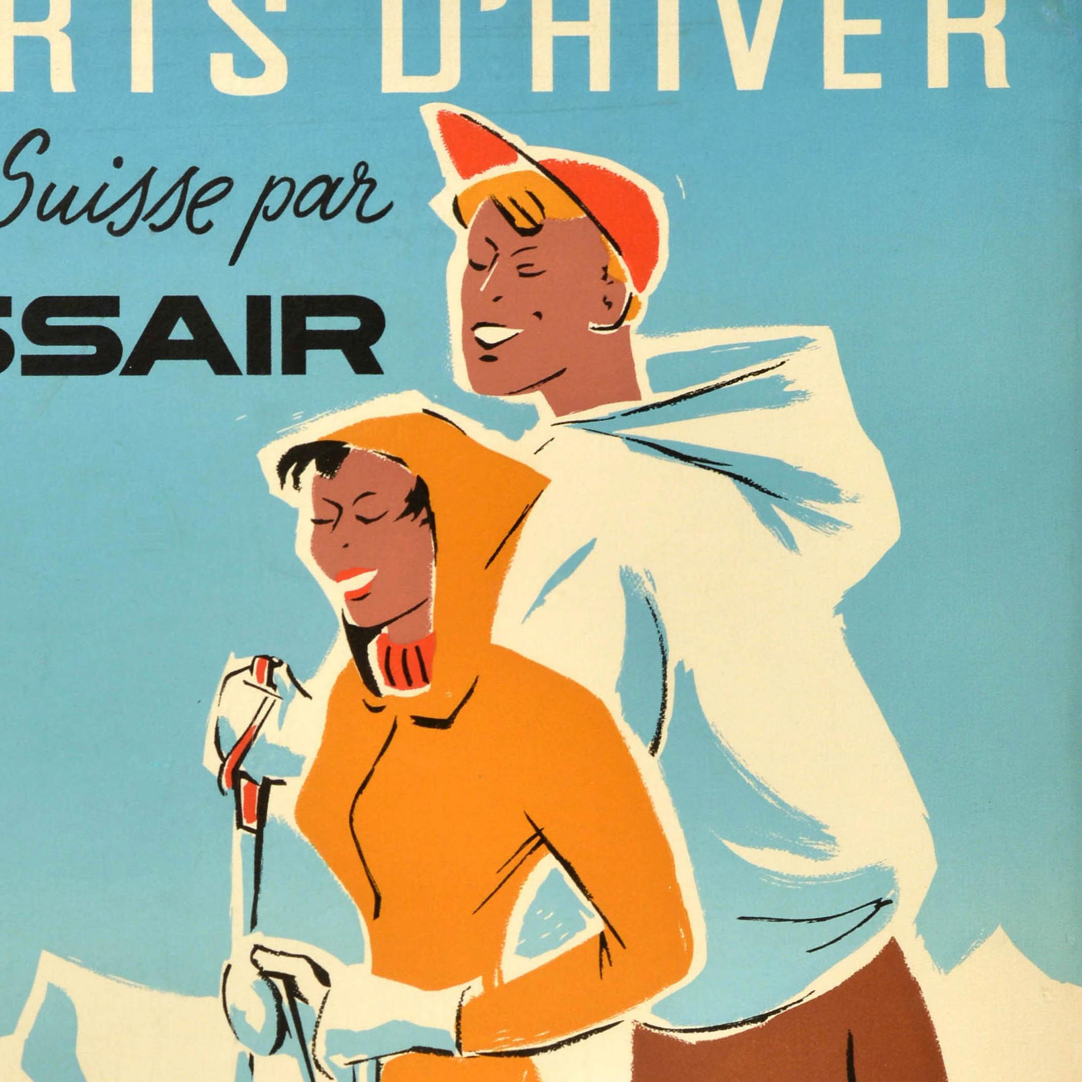Svizzero Poster di viaggio sportivo originale d'epoca Sport invernali Swissair Svizzera Suisse in vendita