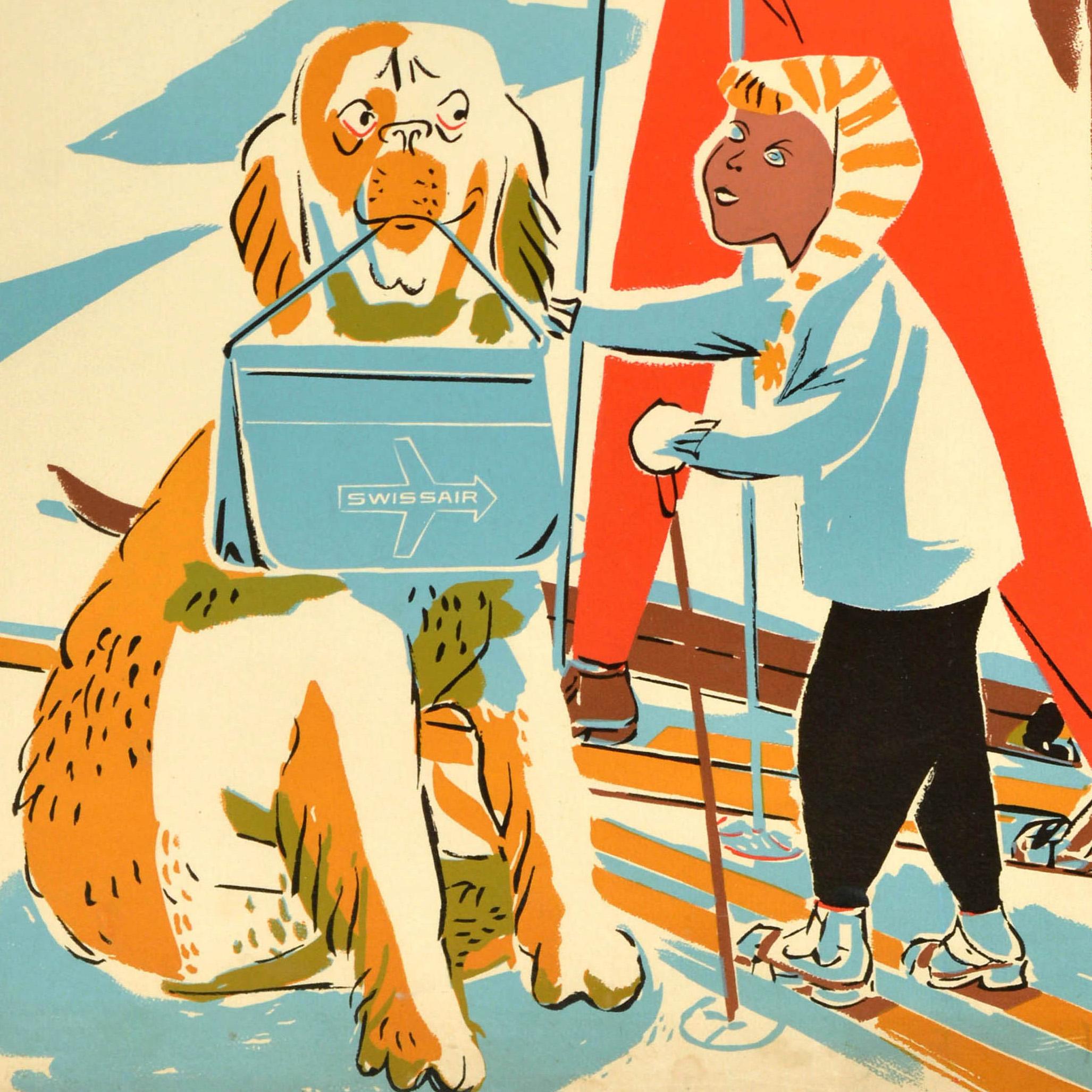 Poster di viaggio sportivo originale d'epoca Sport invernali Swissair Svizzera Suisse In condizioni buone in vendita a London, GB