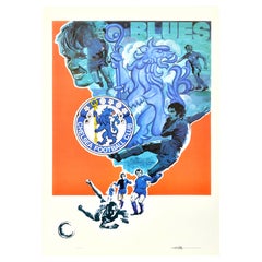 Póster deportivo vintage original Chelsea Football Club Blues Soccer